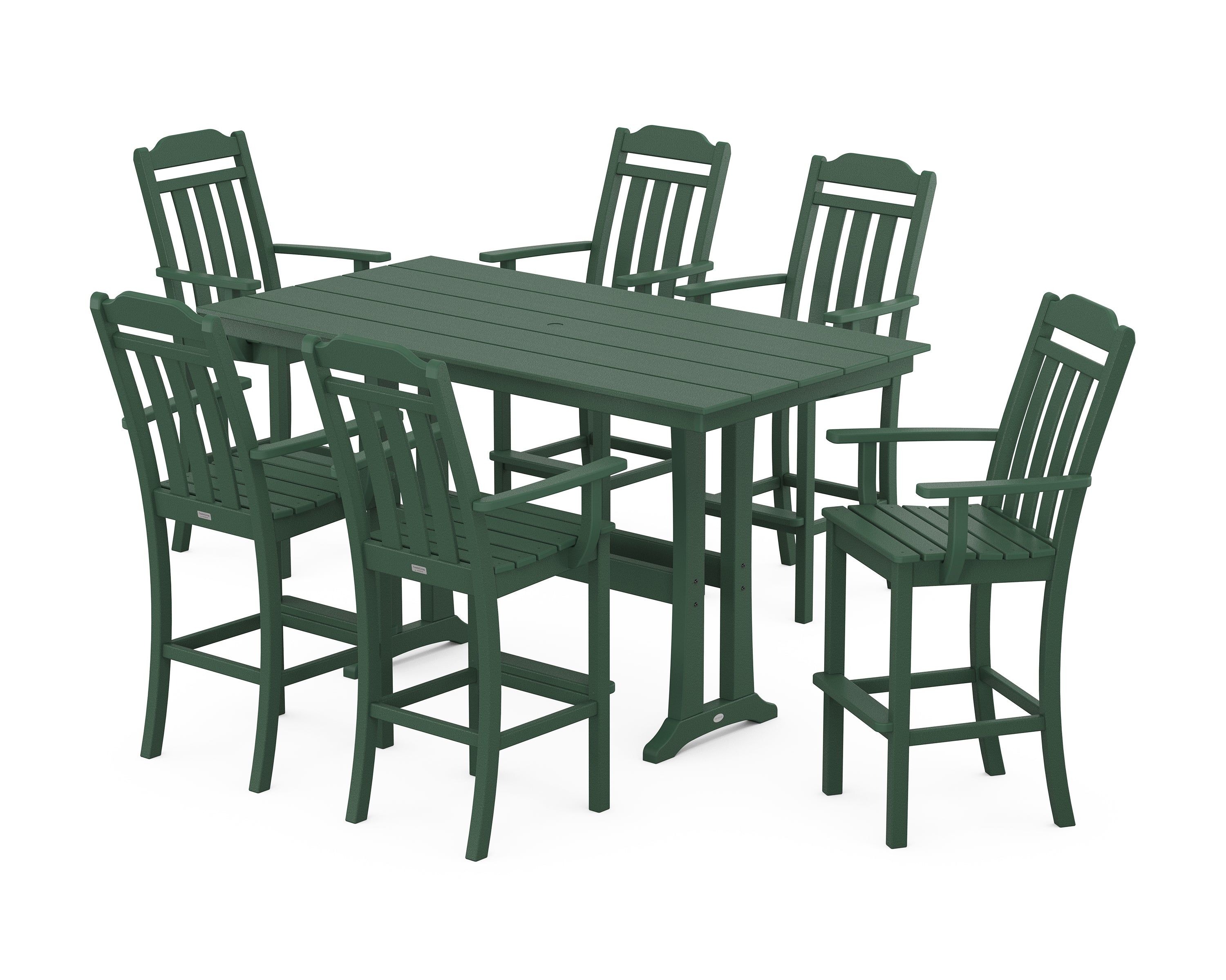 POLYWOOD Country Living Arm Chair 7-Piece Farmhouse Bar Set with Trestle Legs in Green
