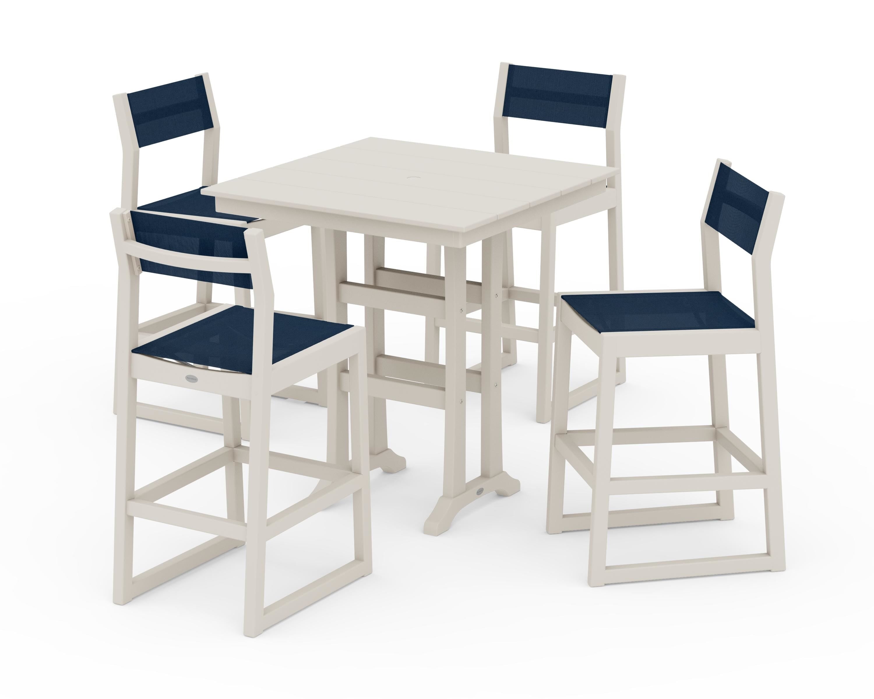 POLYWOOD EDGE Sling Arm Chair 5-Piece Farmhouse Bar Set with Trestle Legs in Sand / Navy Blue Sling