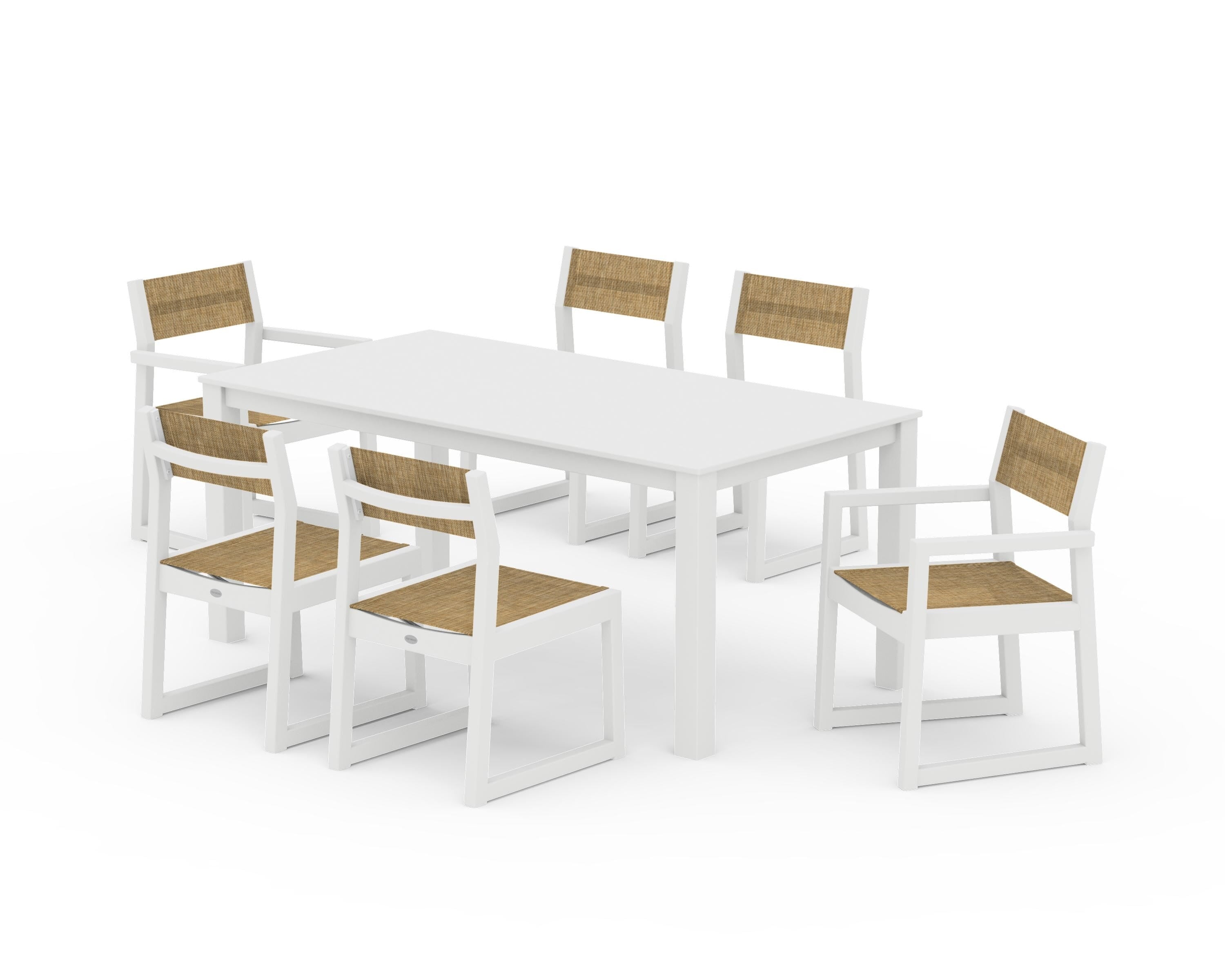 POLYWOOD EDGE Sling 7-Piece Parsons Dining Set in White / Burlap Sling