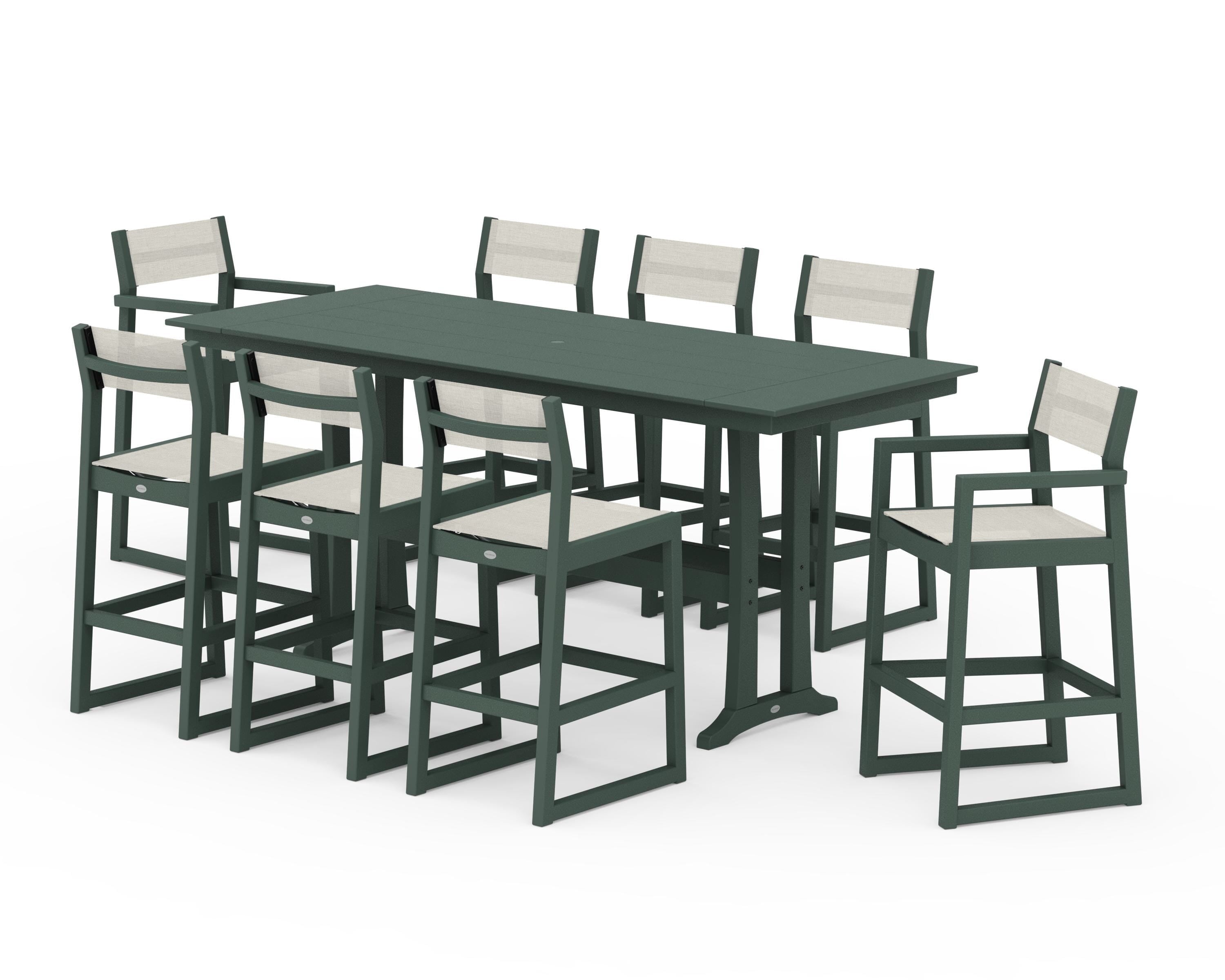 POLYWOOD EDGE Sling 9-Piece Farmhouse Bar Set with Trestle Legs in Green / Parchment Sling