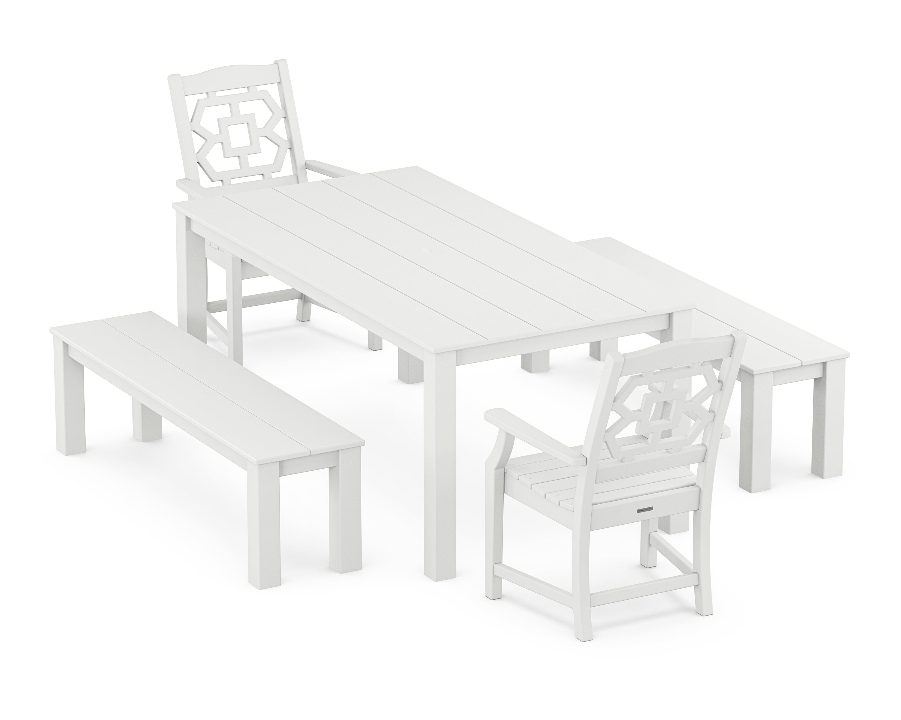 Martha Stewart by POLYWOOD Chinoiserie 5-Piece Parsons Dining Set with Benches in White