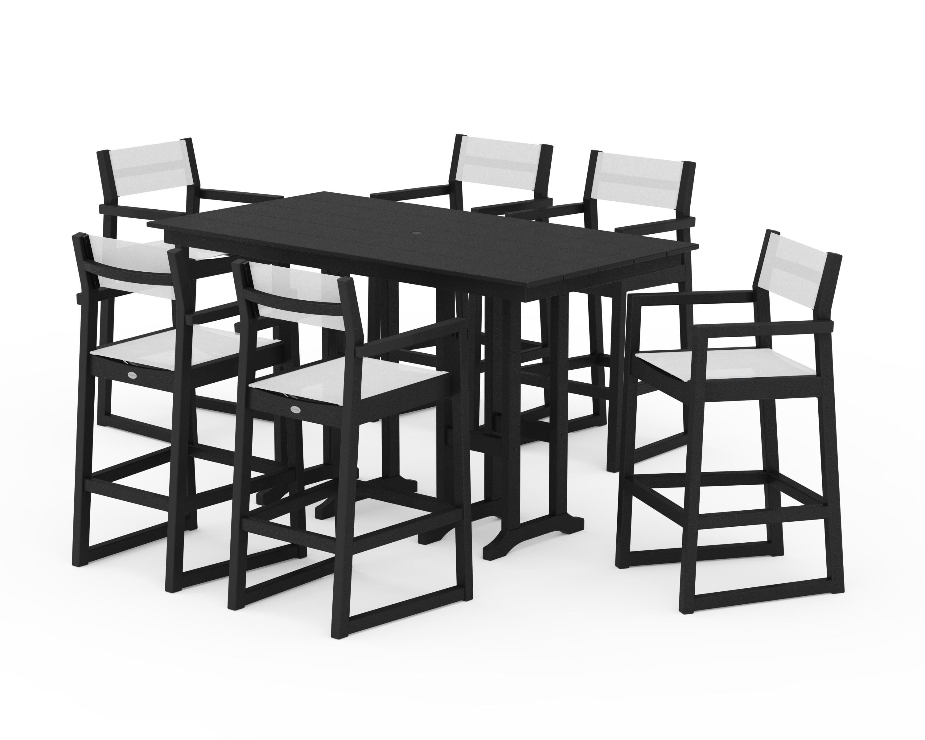 POLYWOOD EDGE Sling Arm Chair 7-Piece Farmhouse Bar Set in Black / White Sling