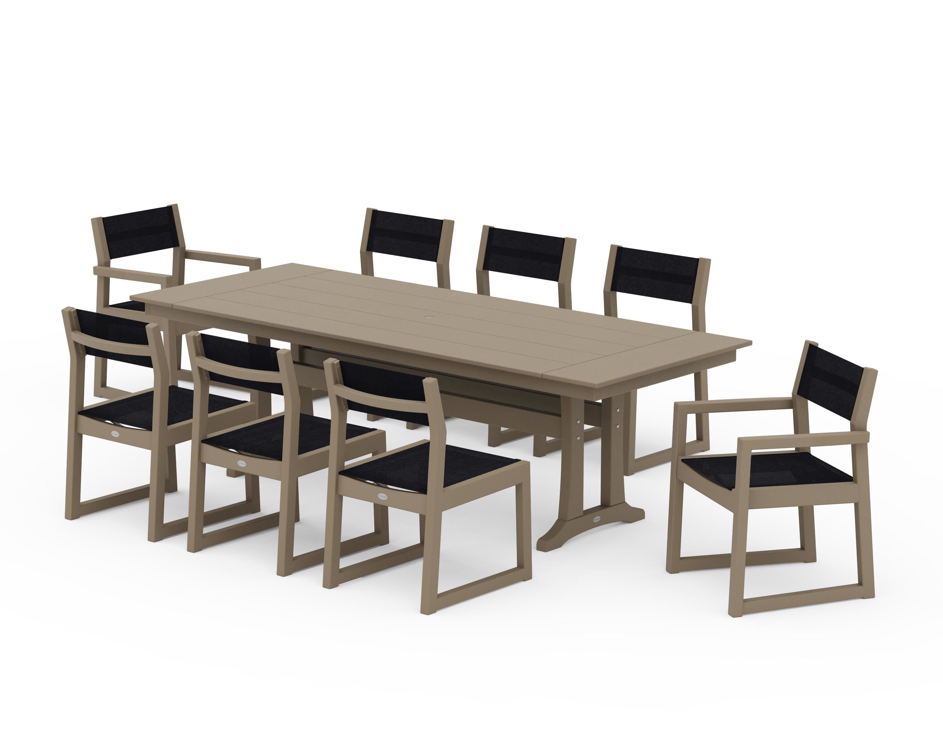 POLYWOOD EDGE Sling 9-Piece Farmhouse Trestle Dining Set in Vintage Sahara / Black Sling