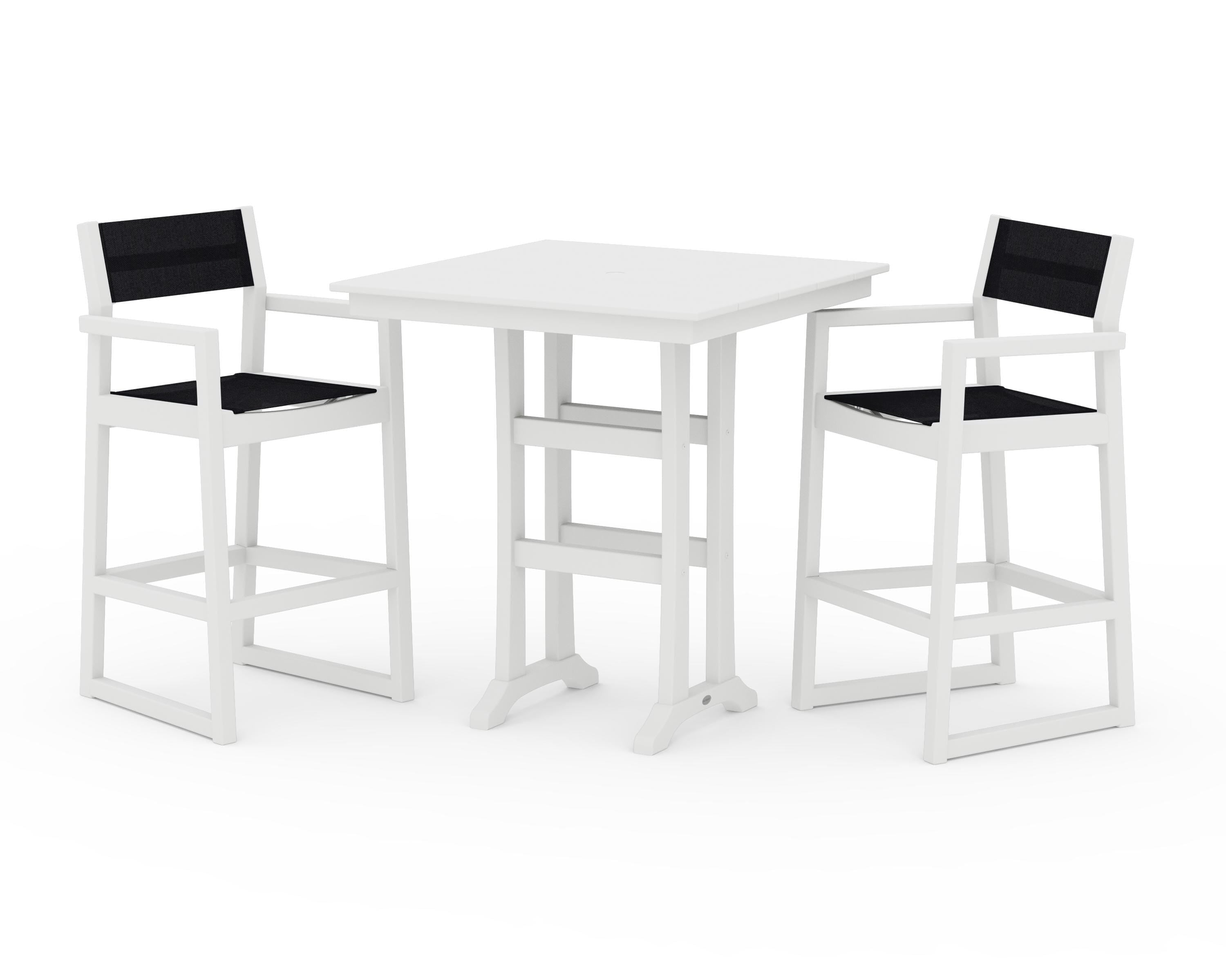 POLYWOOD EDGE Sling Arm Chair 3-Piece Farmhouse Bar Set with Trestle Legs in White / Black Sling