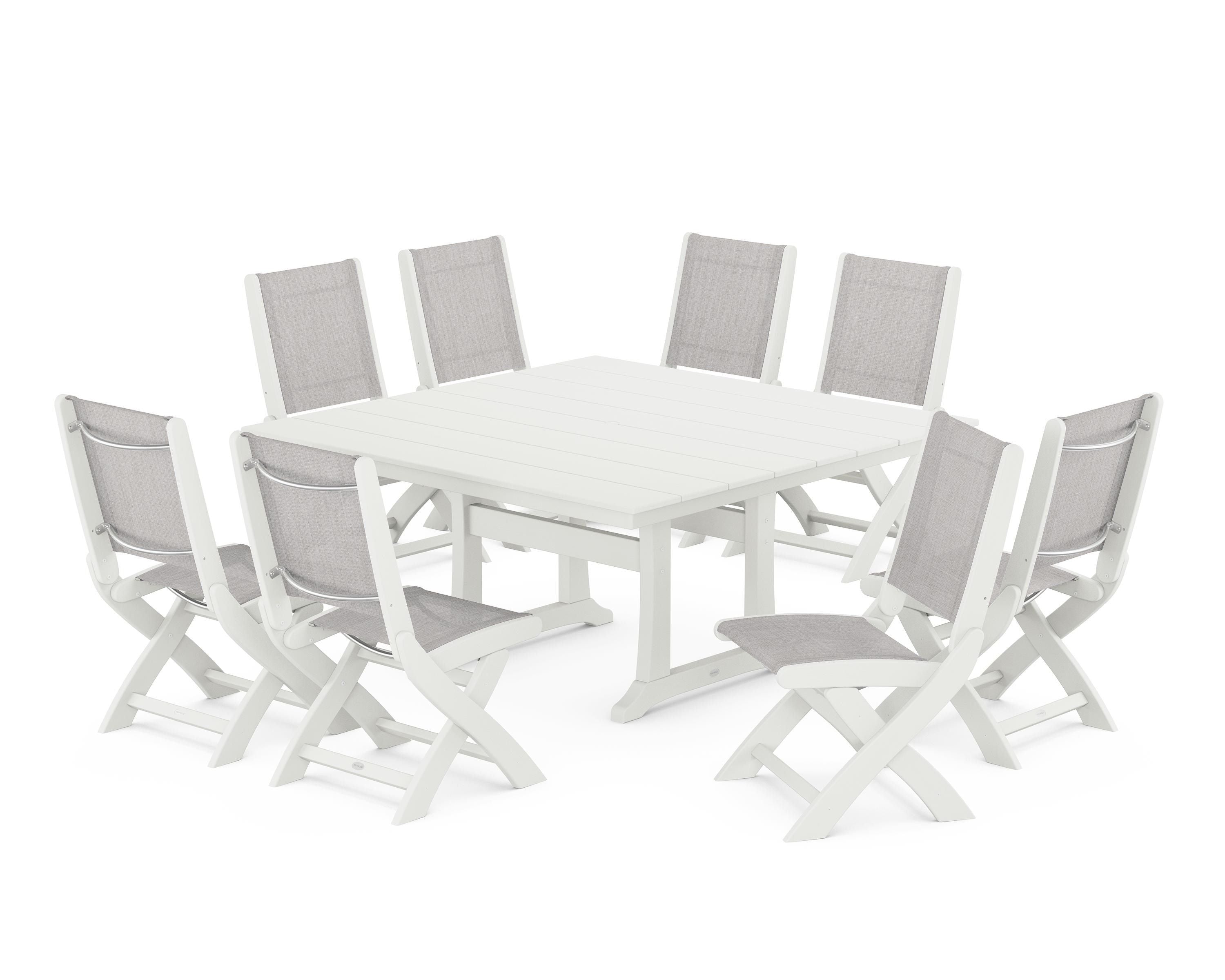 POLYWOOD Coastal Folding Side Chair 9-Piece Farmhouse Dining Set in Vintage White / Parchment Sling