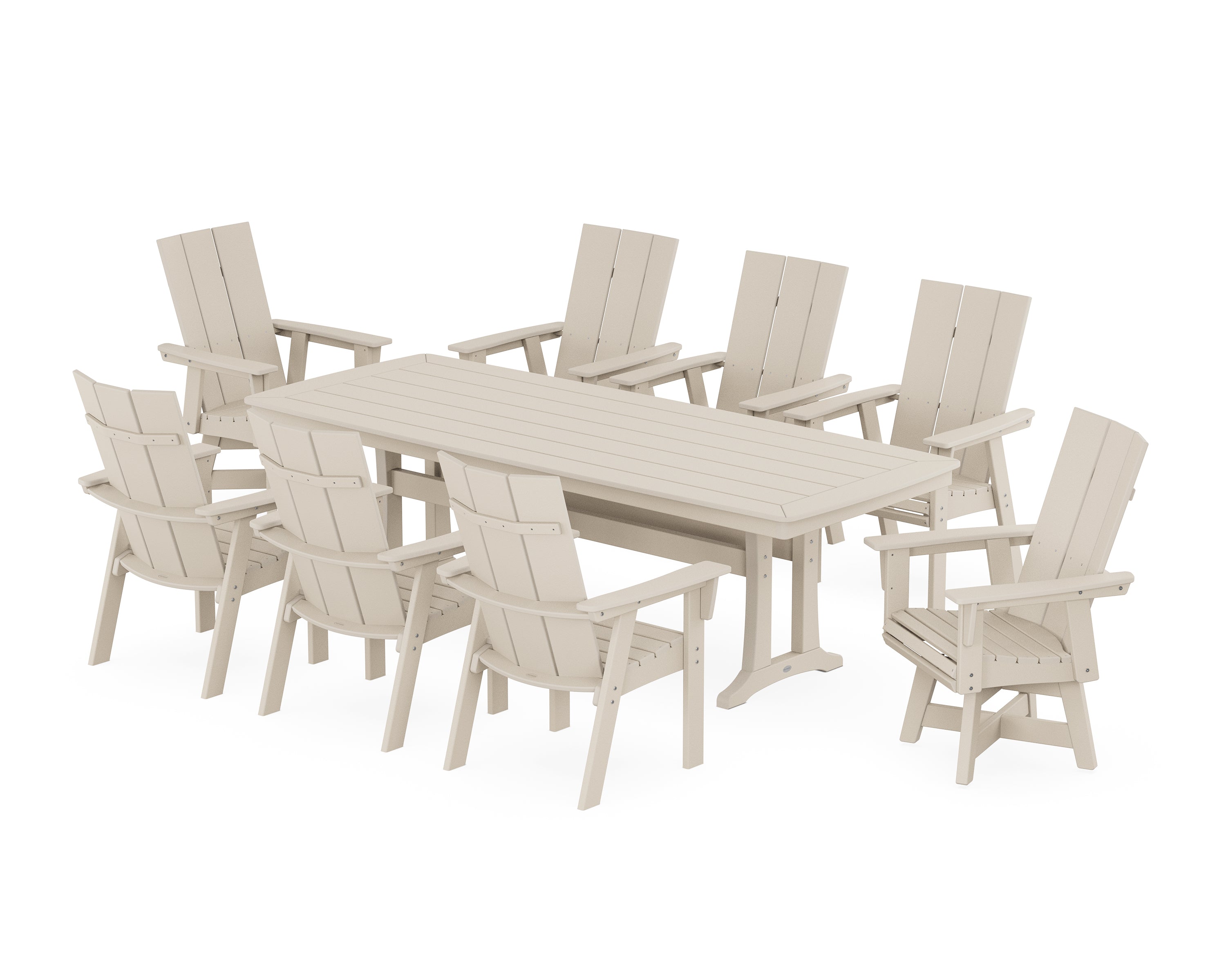 POLYWOOD® Modern Curveback Adirondack Swivel 9-Piece Dining Set with Trestle Legs in Sand
