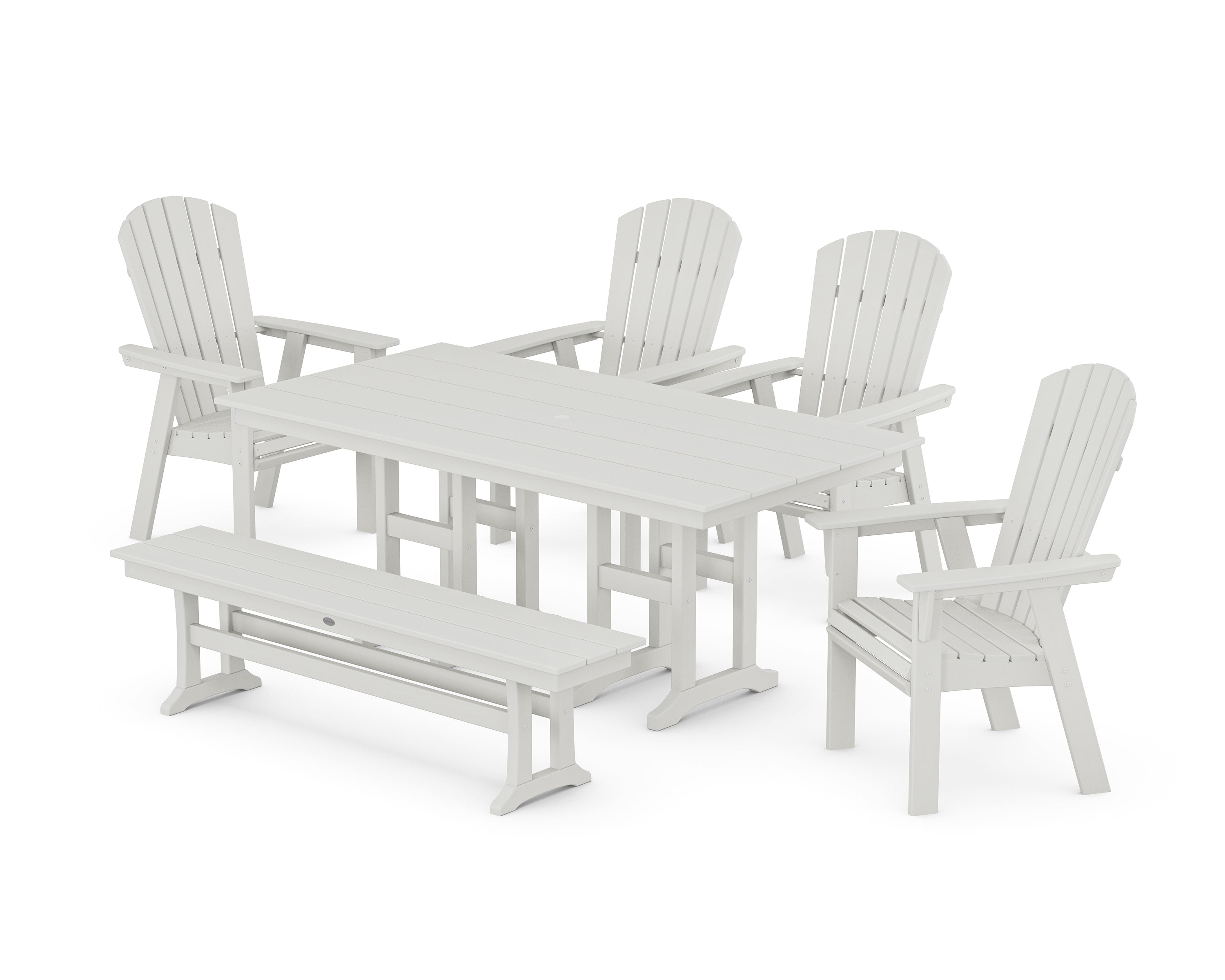 POLYWOOD Nautical Curveback Adirondack 6-Piece Farmhouse Dining Set with Bench in Vintage White