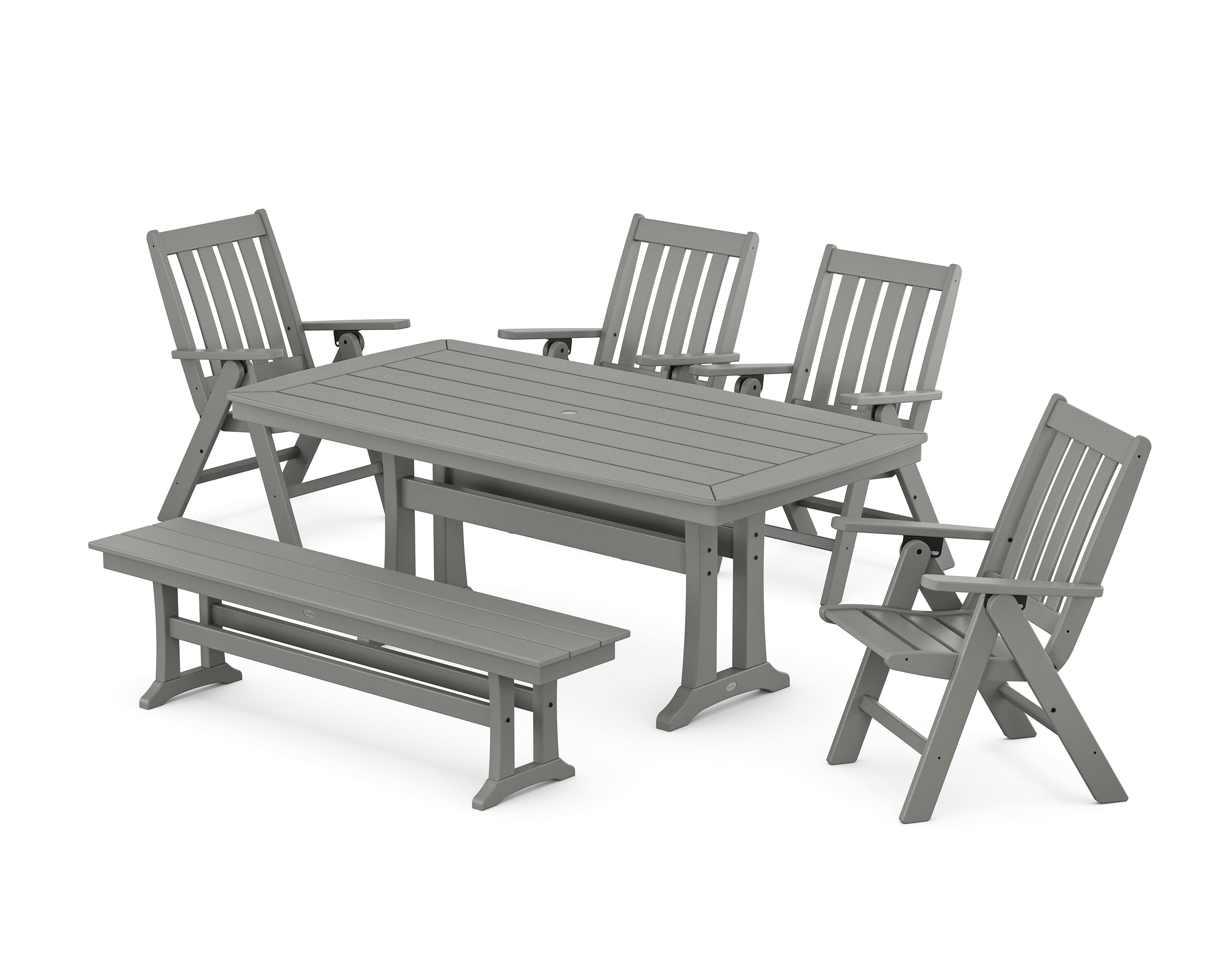 POLYWOOD Vineyard Folding Chair 6-Piece Dining Set with Trestle Legs and Bench in Slate Grey