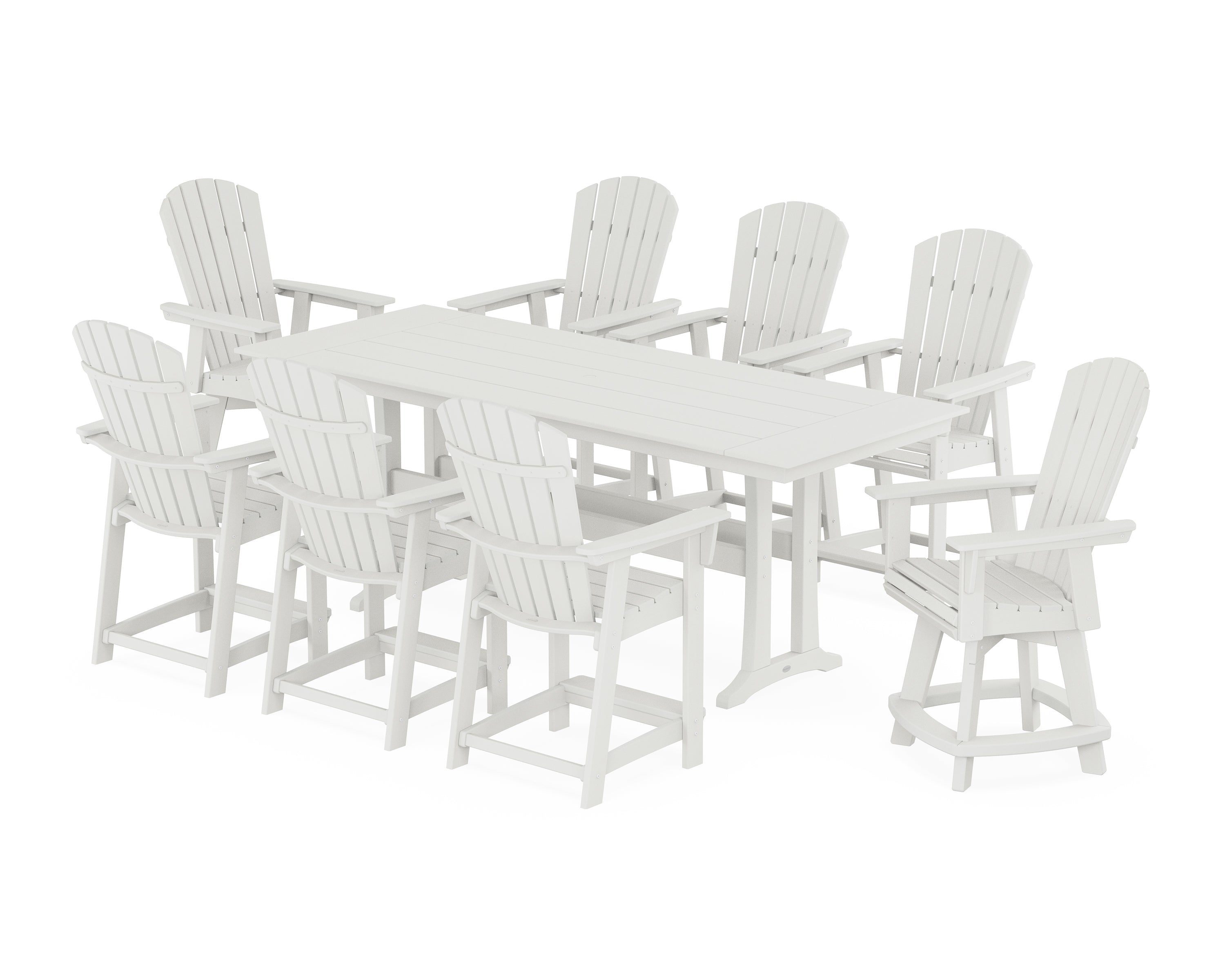 POLYWOOD® Nautical Curveback Adirondack Swivel 9-Piece Farmhouse Swivel Counter Set with Trestle Legs in Vintage White