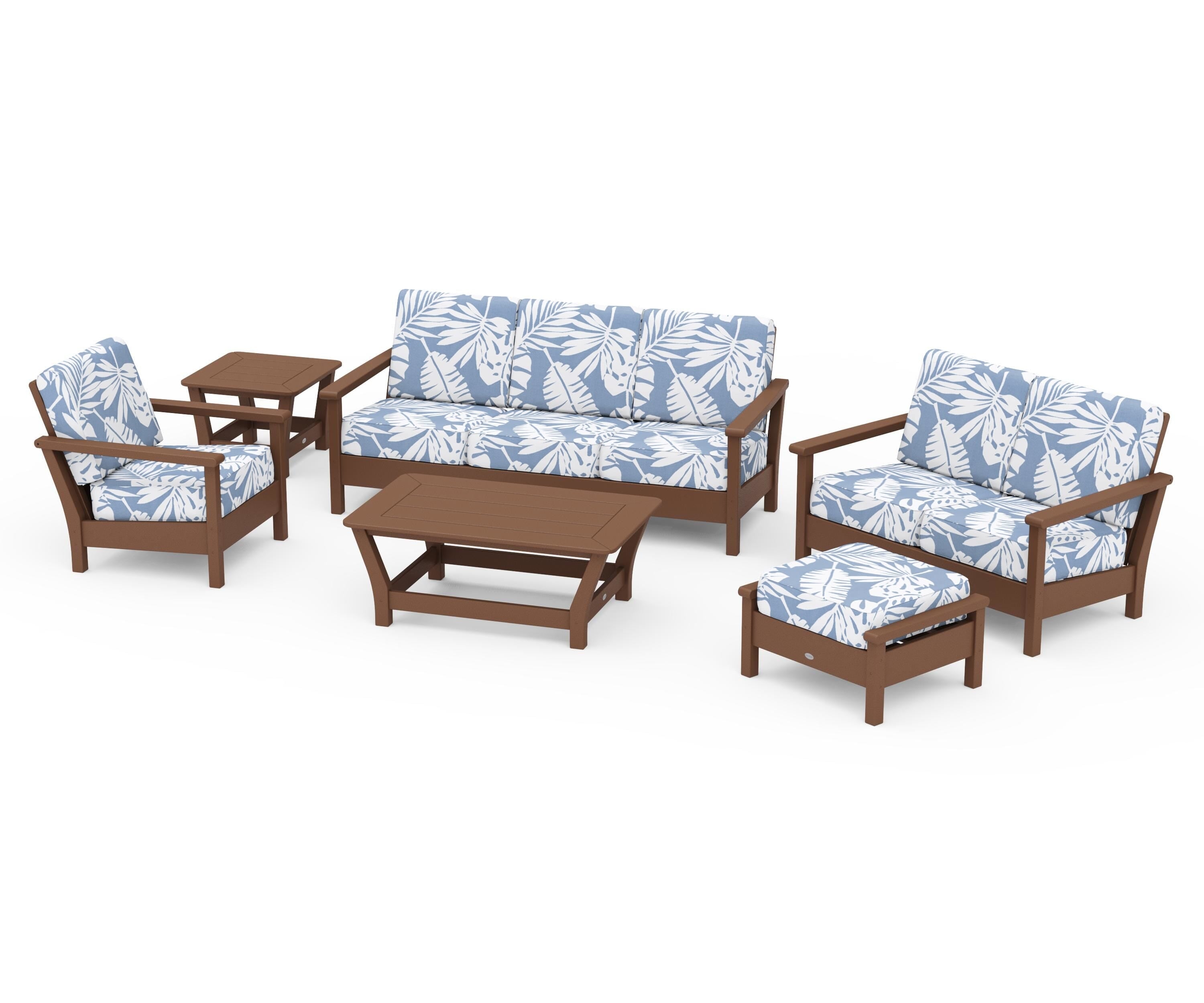 POLYWOOD Harbour 6-Piece Outdoor Living Set in Teak / Leaf Sky Blue