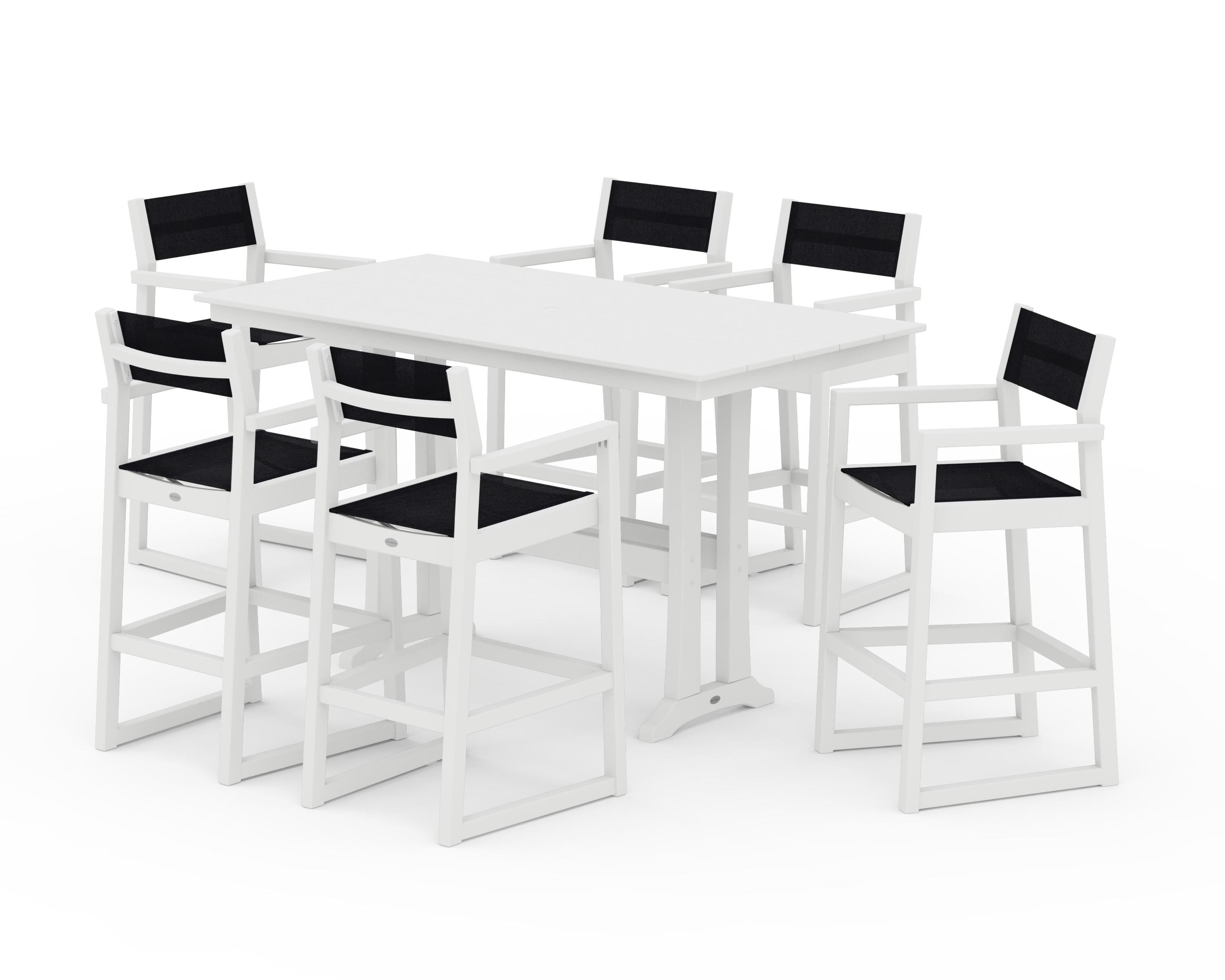 POLYWOOD EDGE Sling Arm Chair 7-Piece Farmhouse Bar Set with Trestle Legs in White / Black Sling