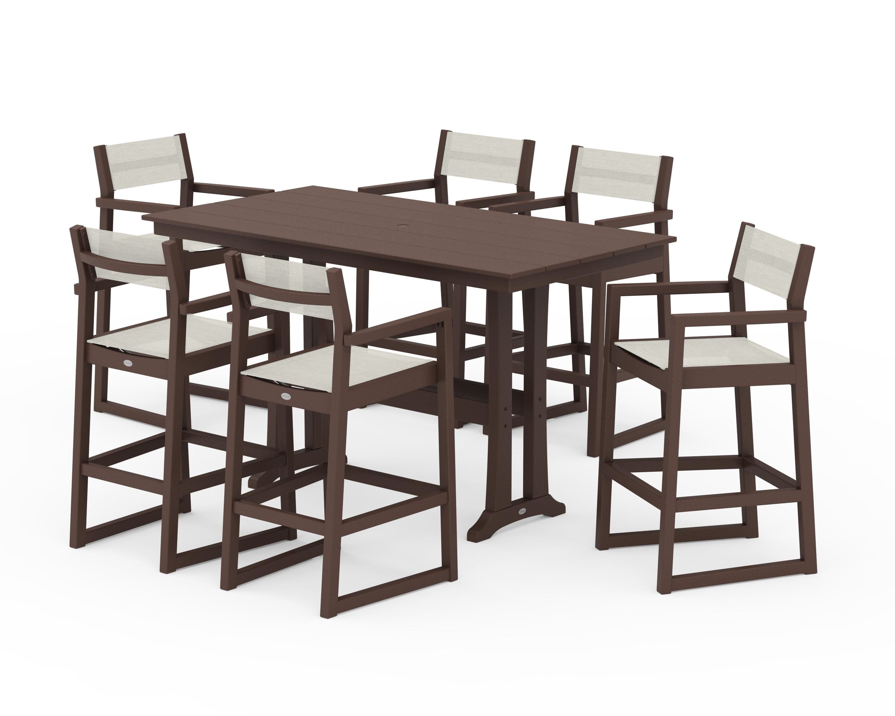 POLYWOOD EDGE Sling Arm Chair 7-Piece Farmhouse Bar Set with Trestle Legs in Mahogany / Parchment Sling