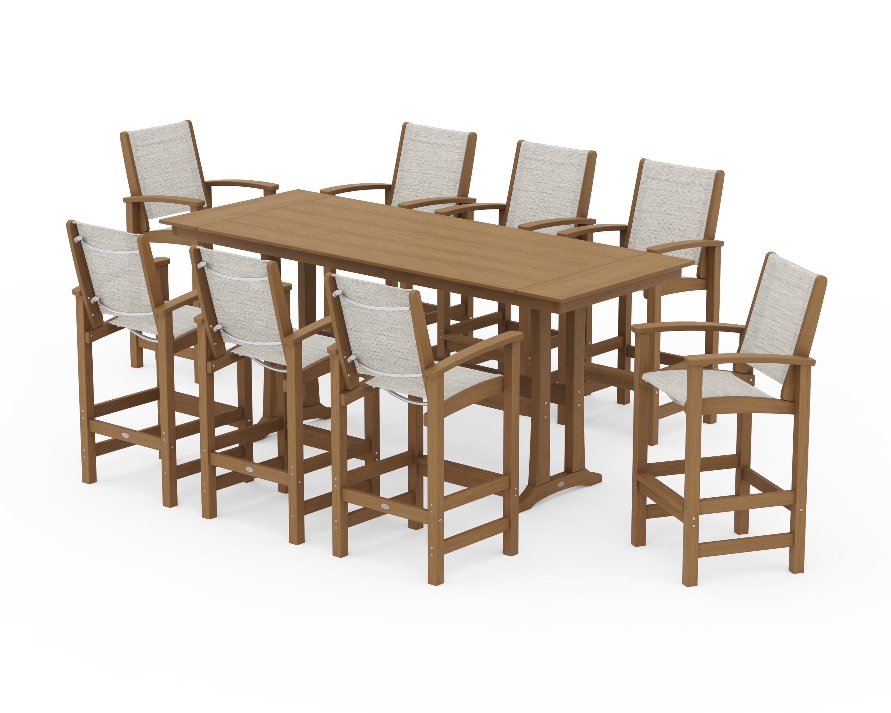 POLYWOOD Coastal 9-Piece Farmhouse Bar Set with Trestle Legs in Natural / Birch Sling
