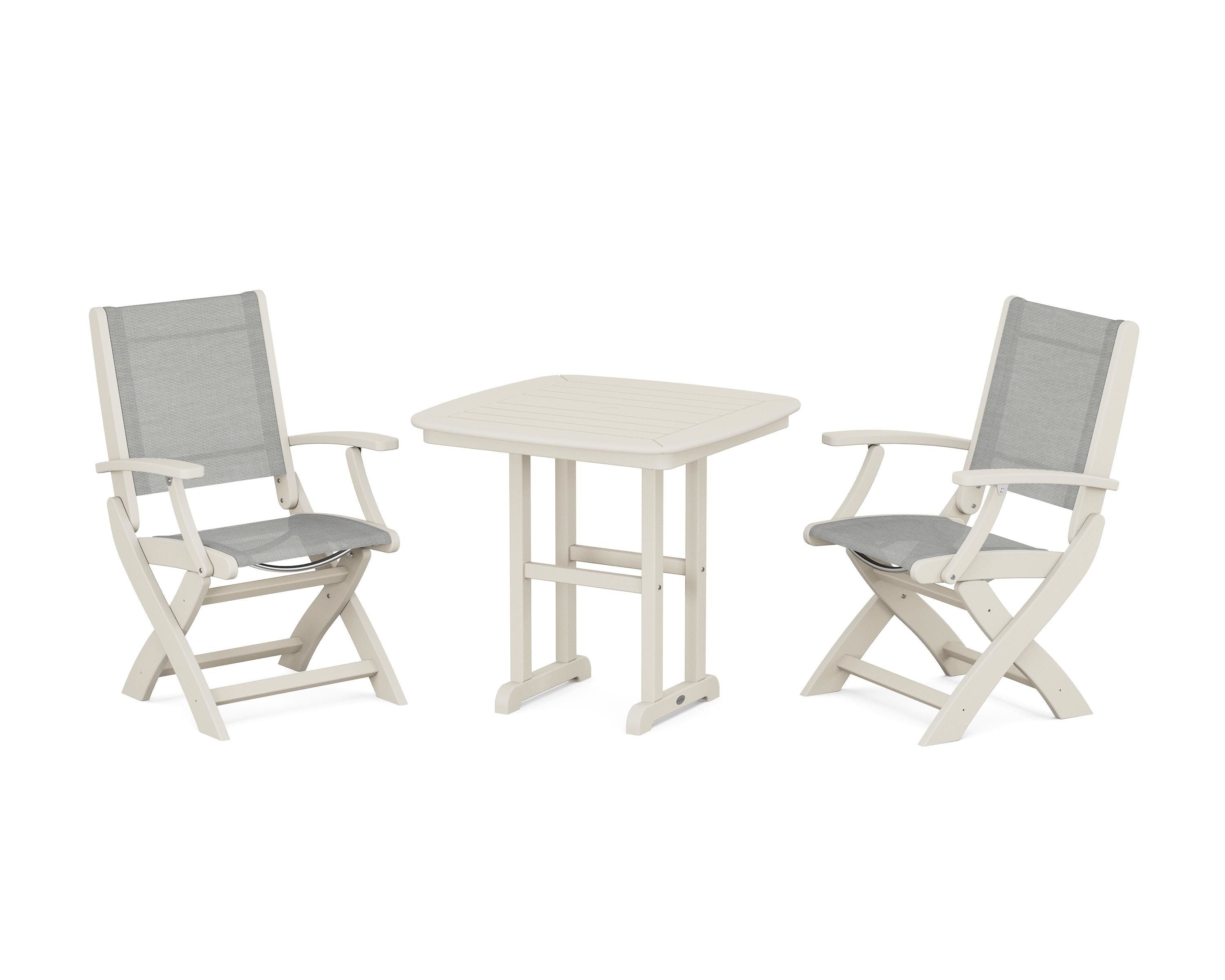 POLYWOOD Coastal Folding Chair 3-Piece Dining Set in Sand / Metallic Sling