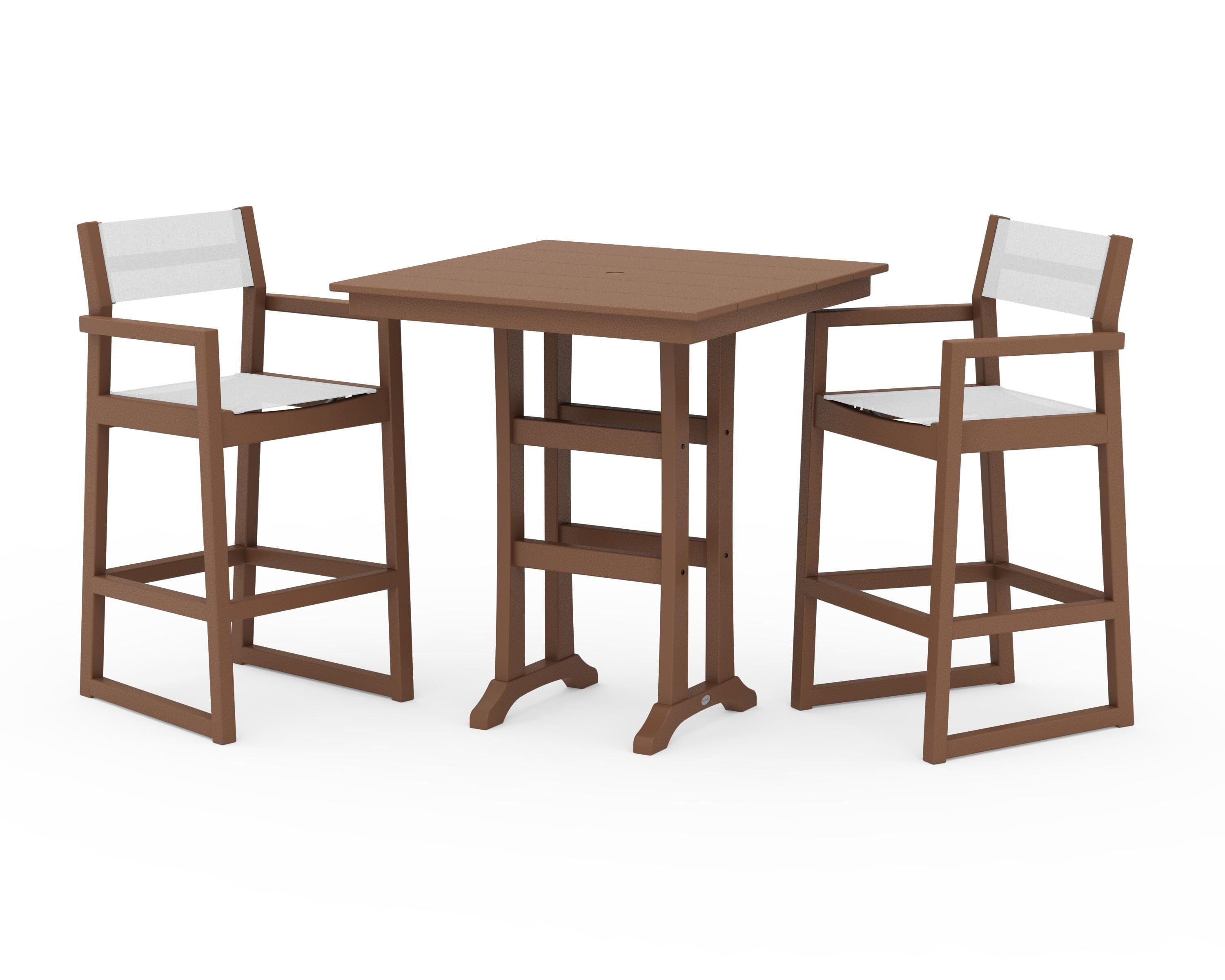 POLYWOOD EDGE Sling Arm Chair 3-Piece Farmhouse Bar Set with Trestle Legs in Teak / White Sling