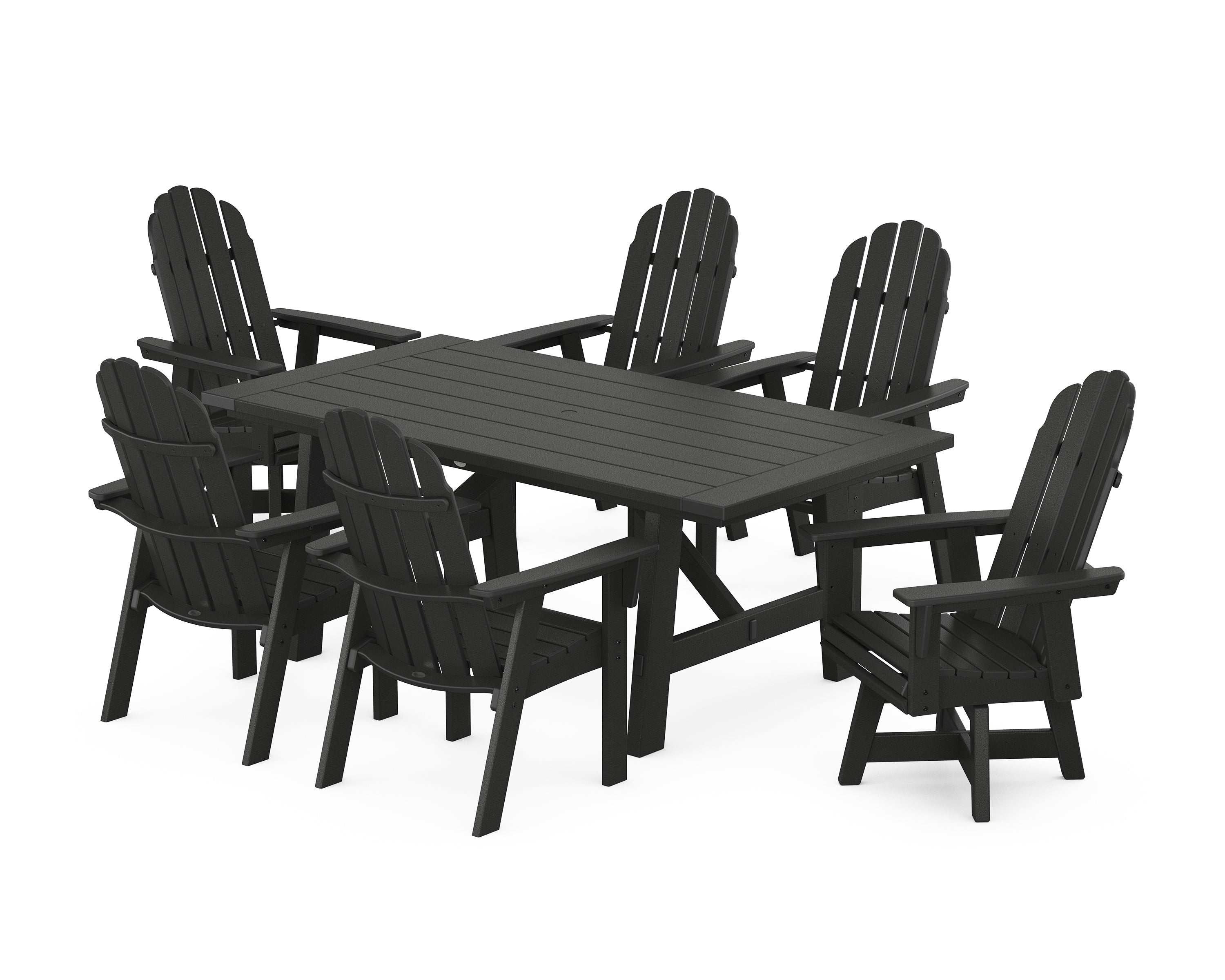 POLYWOOD Vineyard Curveback Adirondack Swivel Chair 7-Piece Rustic Farmhouse Dining Set in Black
