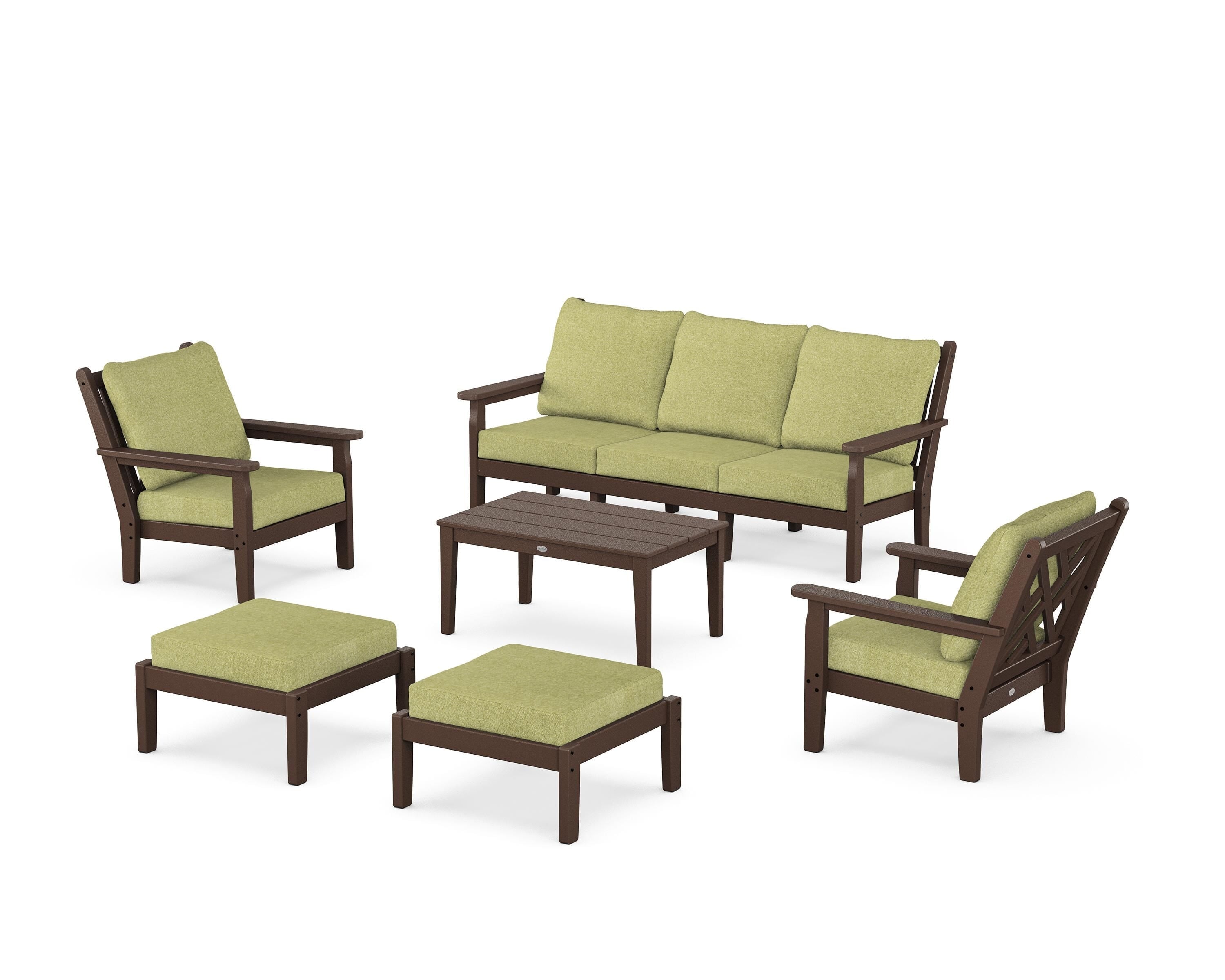 POLYWOOD Chippendale 6-Piece Lounge Sofa Set in Mahogany / Chartreuse Boucle