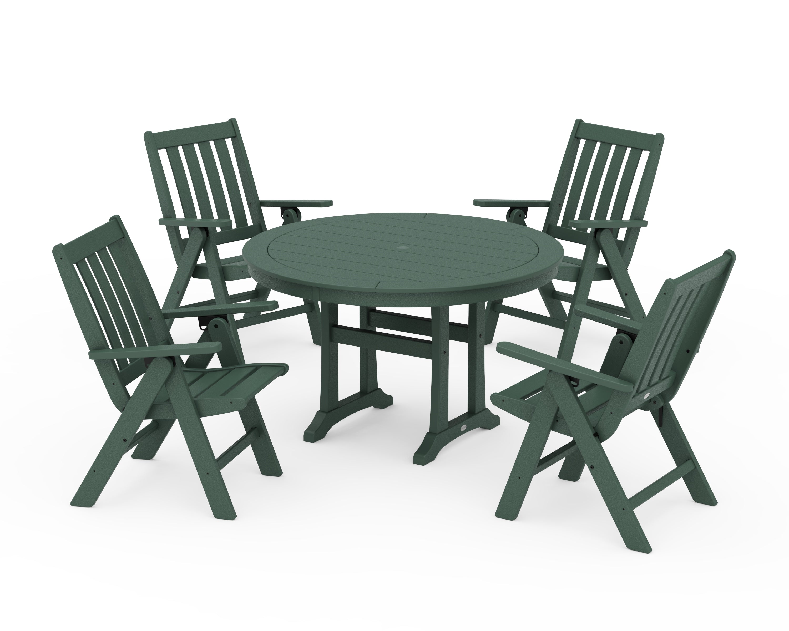 POLYWOOD Vineyard Folding Chair 5-Piece Round Dining Set with Trestle Legs in Green