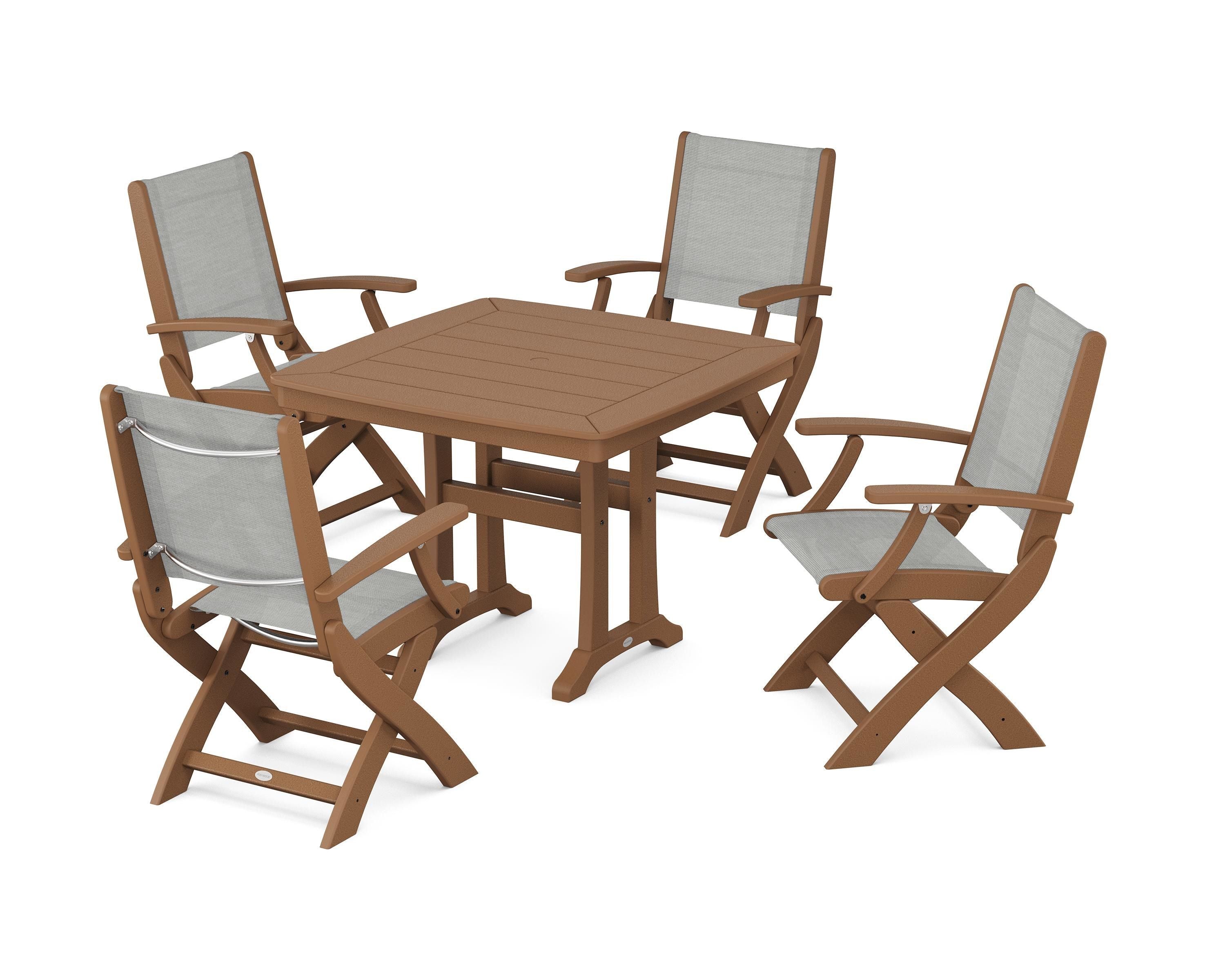 POLYWOOD Coastal Folding Chair 5-Piece Dining Set with Trestle Legs in Teak / Metallic Sling
