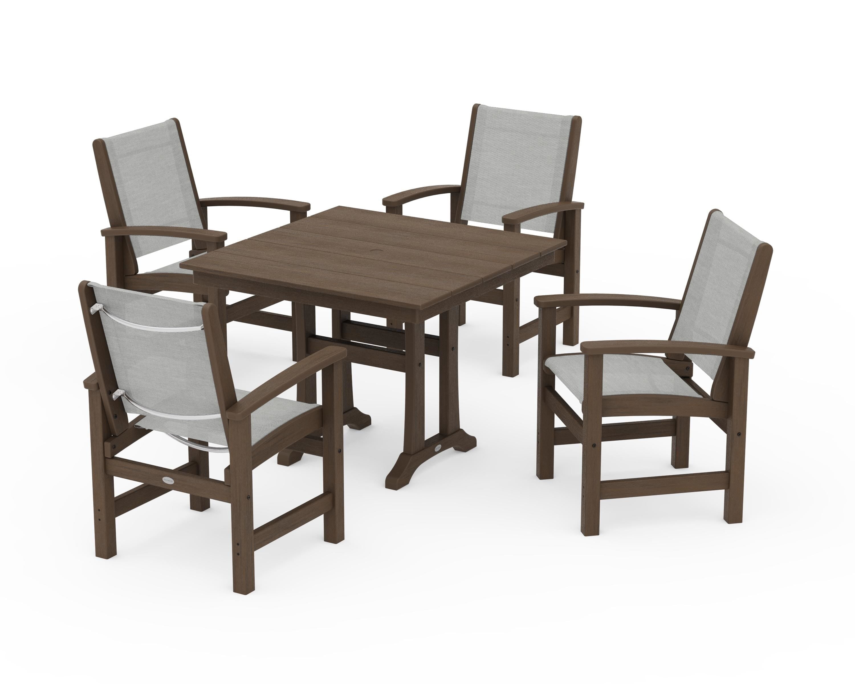 POLYWOOD Coastal 5-Piece Farmhouse Dining Set With Trestle Legs in Kona / Metallic Sling