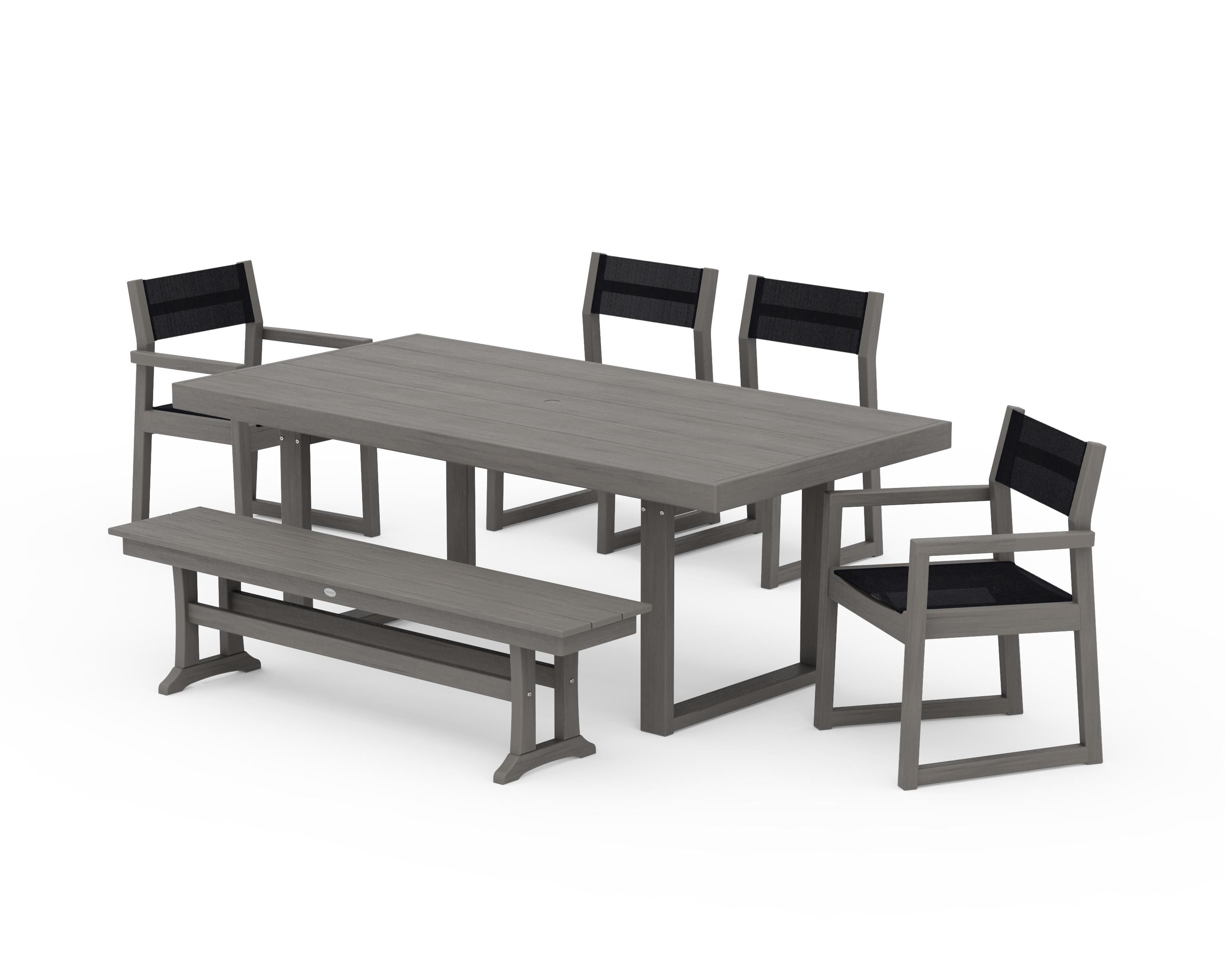 POLYWOOD EDGE Sling 6-Piece Dining Set with Bench in Driftwood / Black Sling