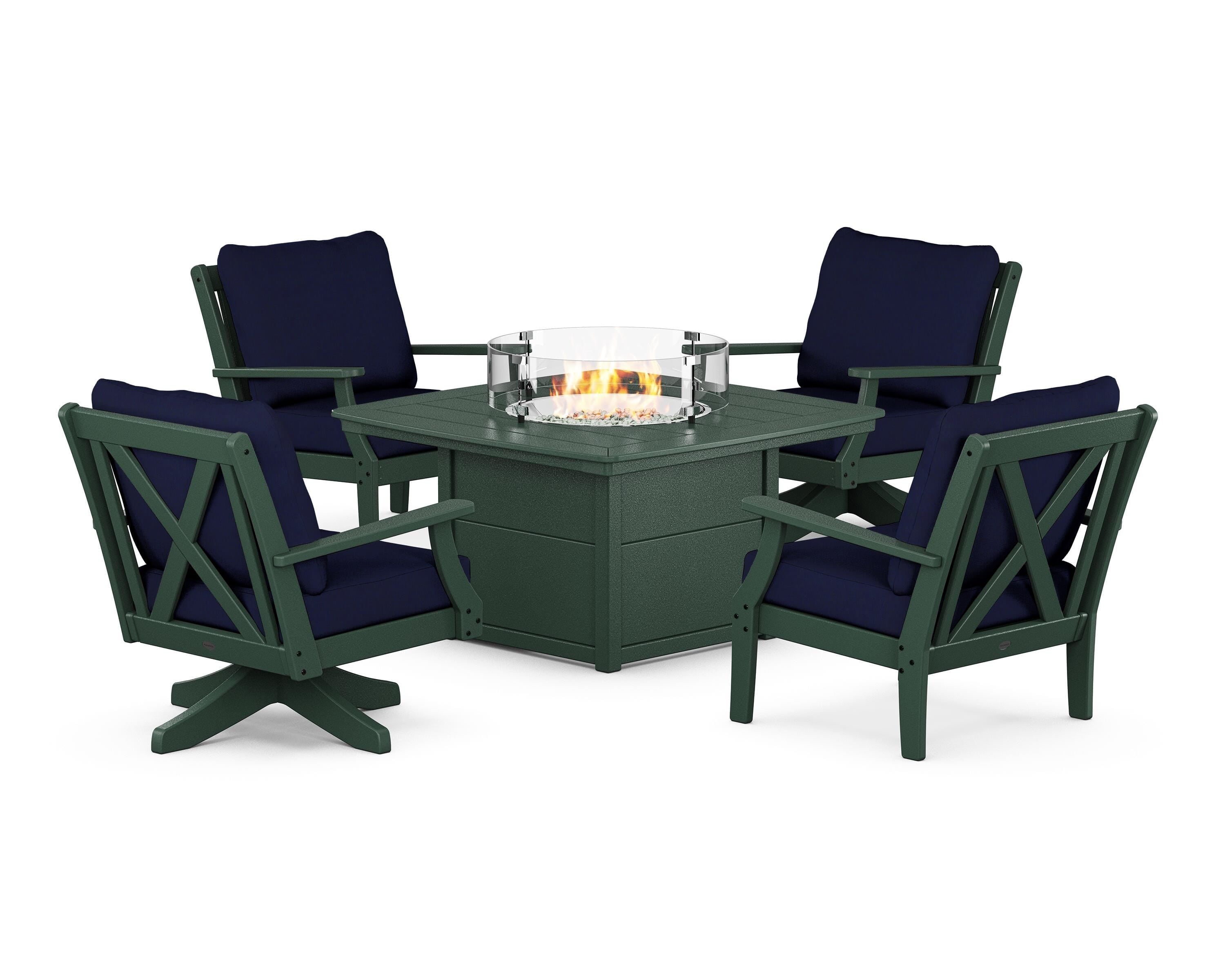 POLYWOOD Braxton 5-Piece Deep Seating Set with Fire Table in Green / Navy