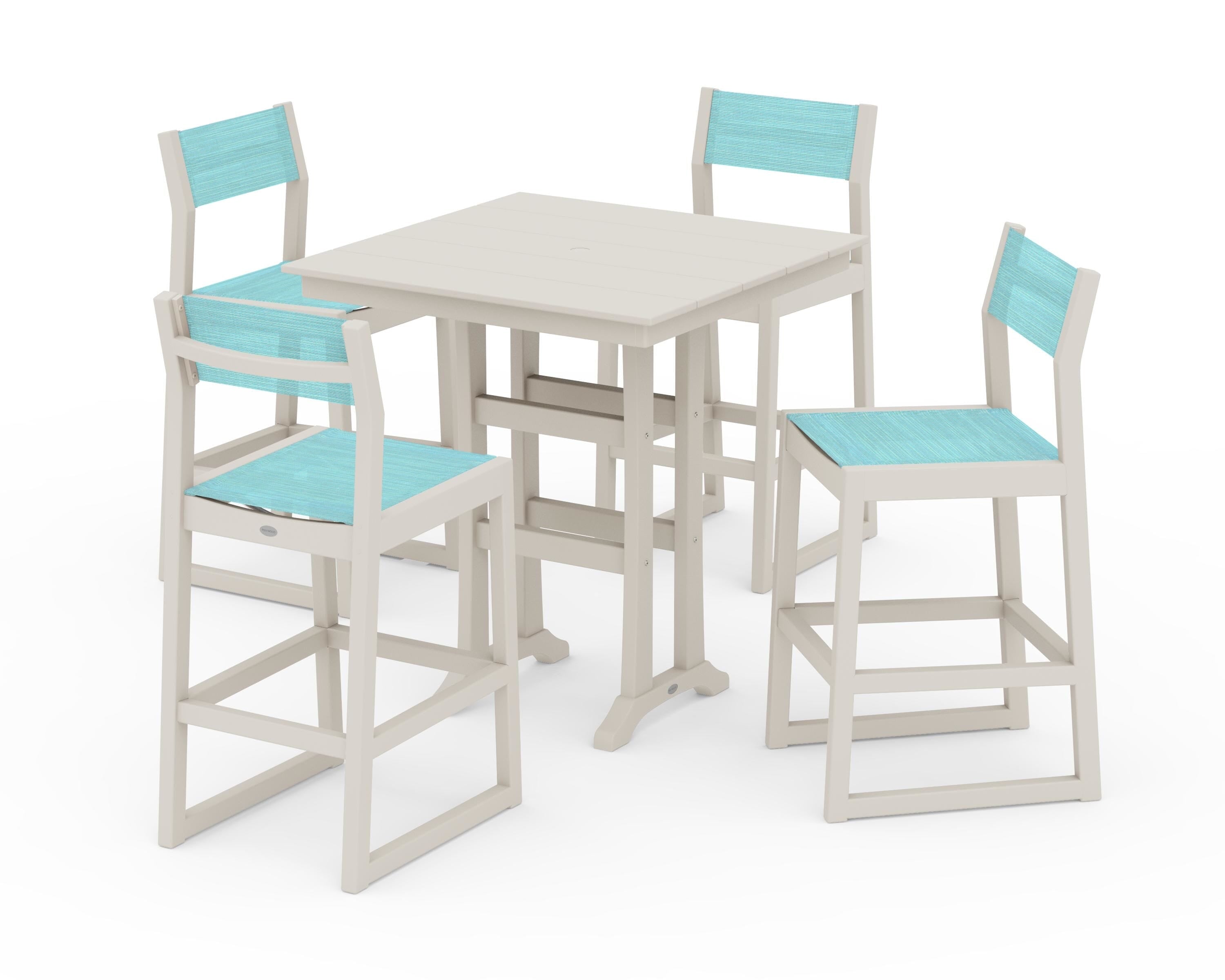 POLYWOOD EDGE Sling Arm Chair 5-Piece Farmhouse Bar Set with Trestle Legs in Sand / Dupioni Aquamarine Sling