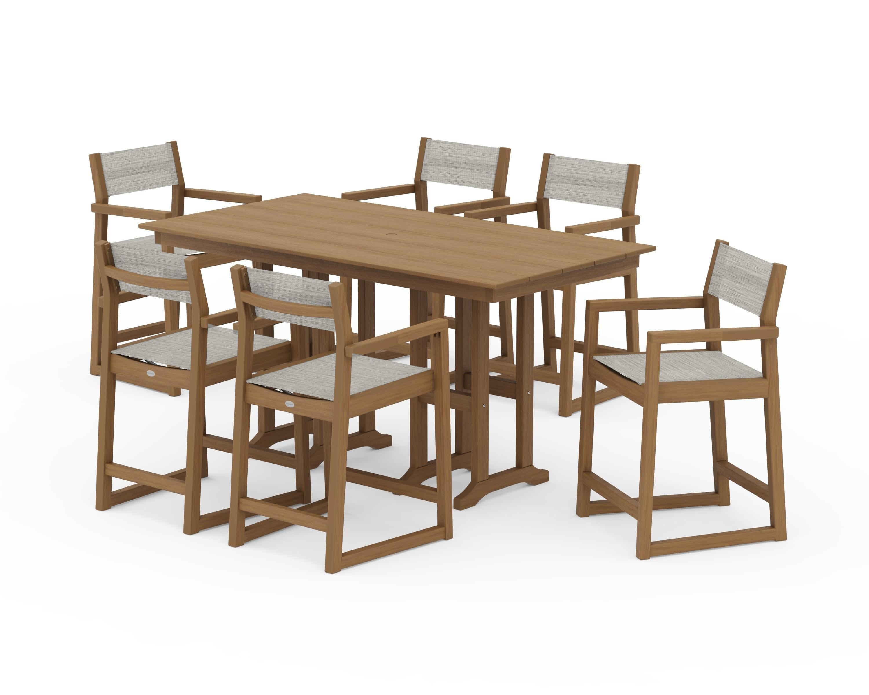 POLYWOOD EDGE Sling Arm Chair 7-Piece Farmhouse Counter Set in Natural / Birch Sling
