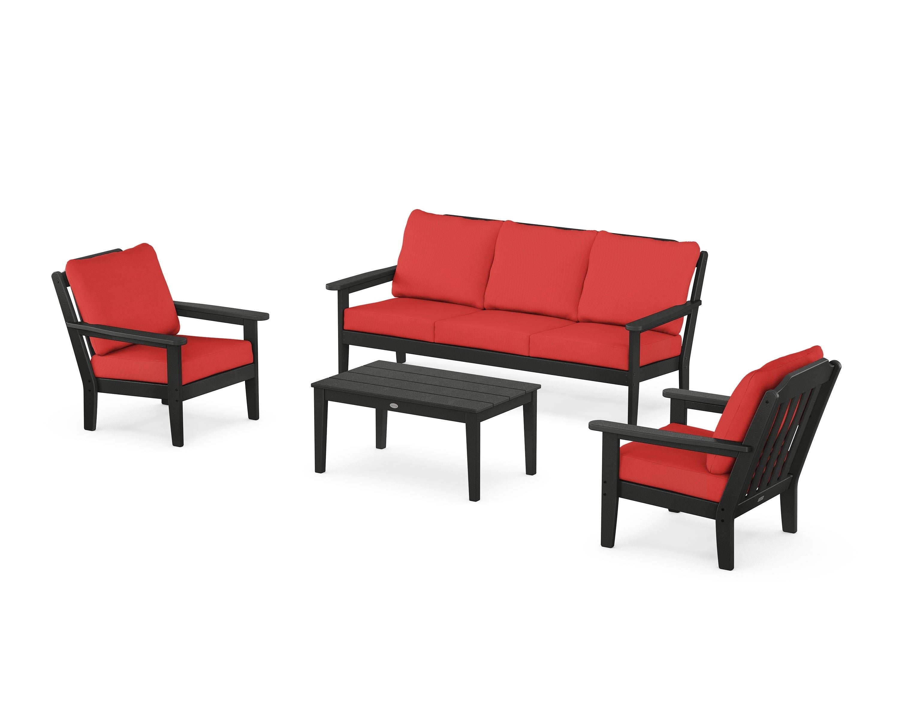 Country Living Cottage 4-Piece Deep Seating Set with Sofa in Black / Crimson Linen