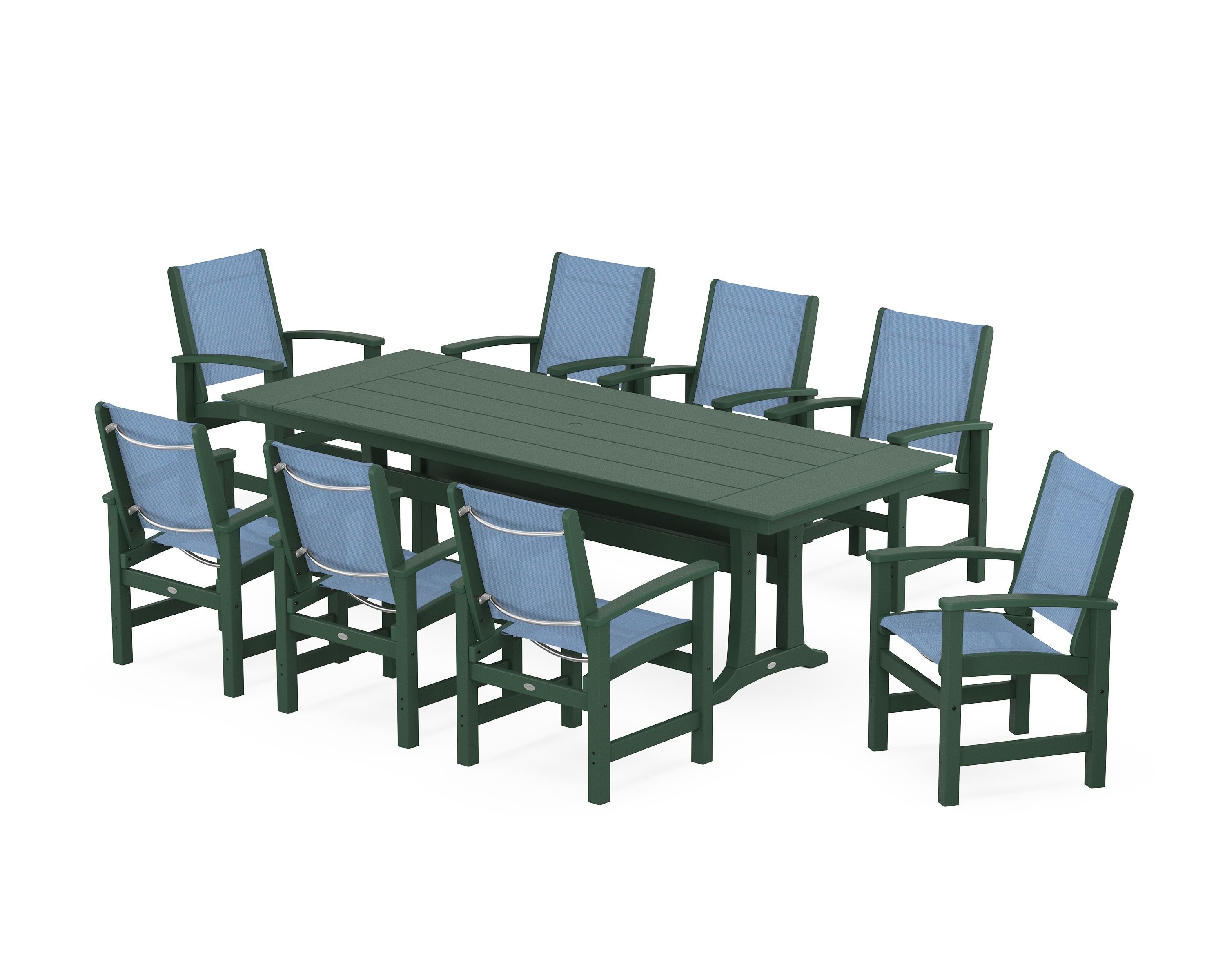 POLYWOOD Coastal 9-Piece Farmhouse Dining Set with Trestle Legs in Green / Poolside Sling