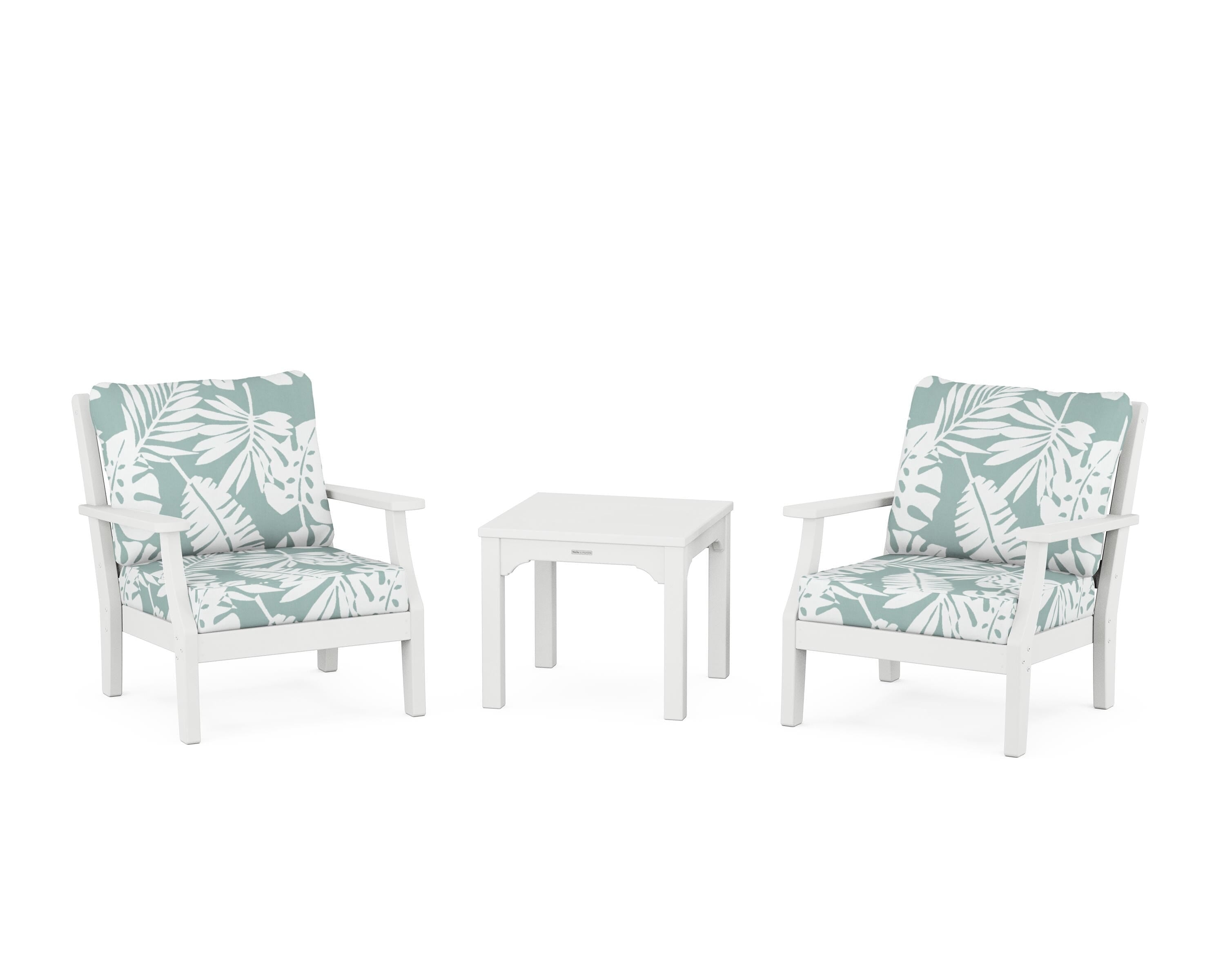 Martha Stewart by POLYWOOD Chinoiserie 3-Piece Deep Seating Set in White / Leaf Glacier Spa
