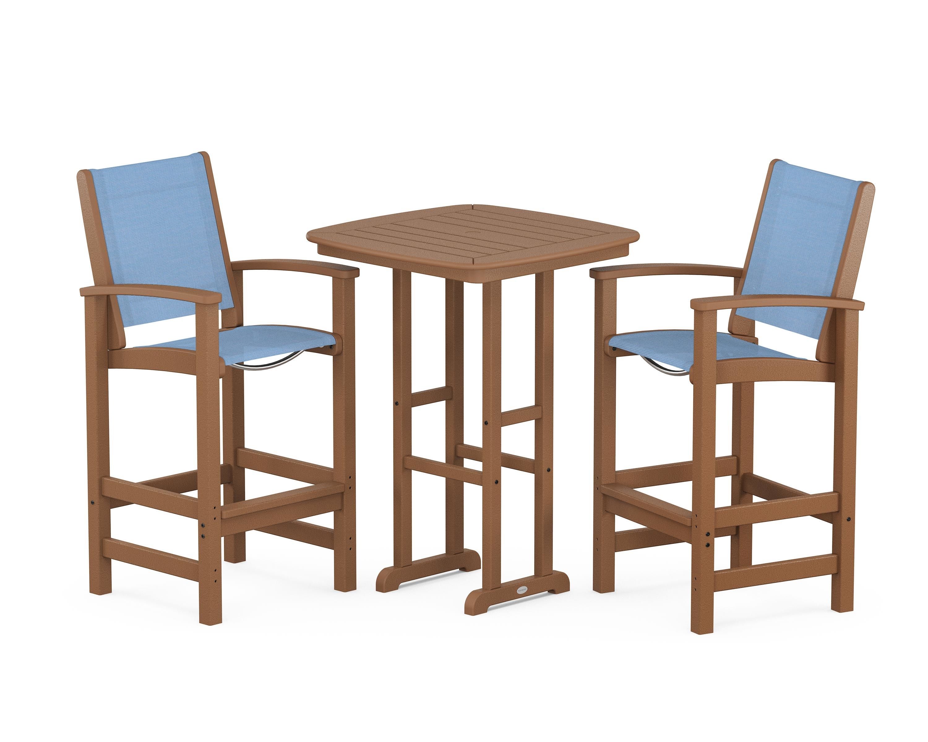 POLYWOOD Coastal 3-Piece Bar Set in Teak / Poolside Sling