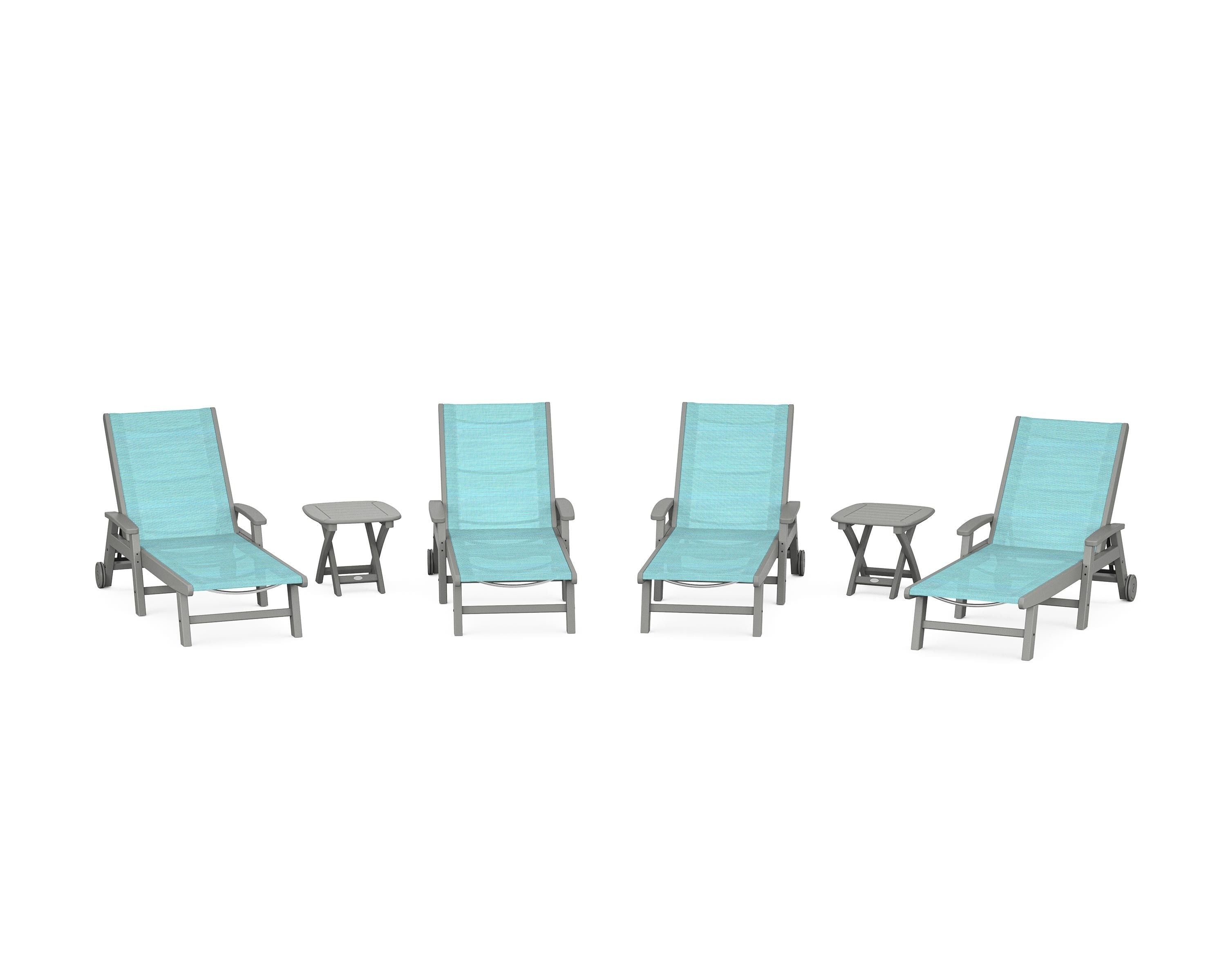 POLYWOOD Coastal Chaise 6-Piece Set with Wheels in Slate Grey / Dupioni Aquamarine Sling