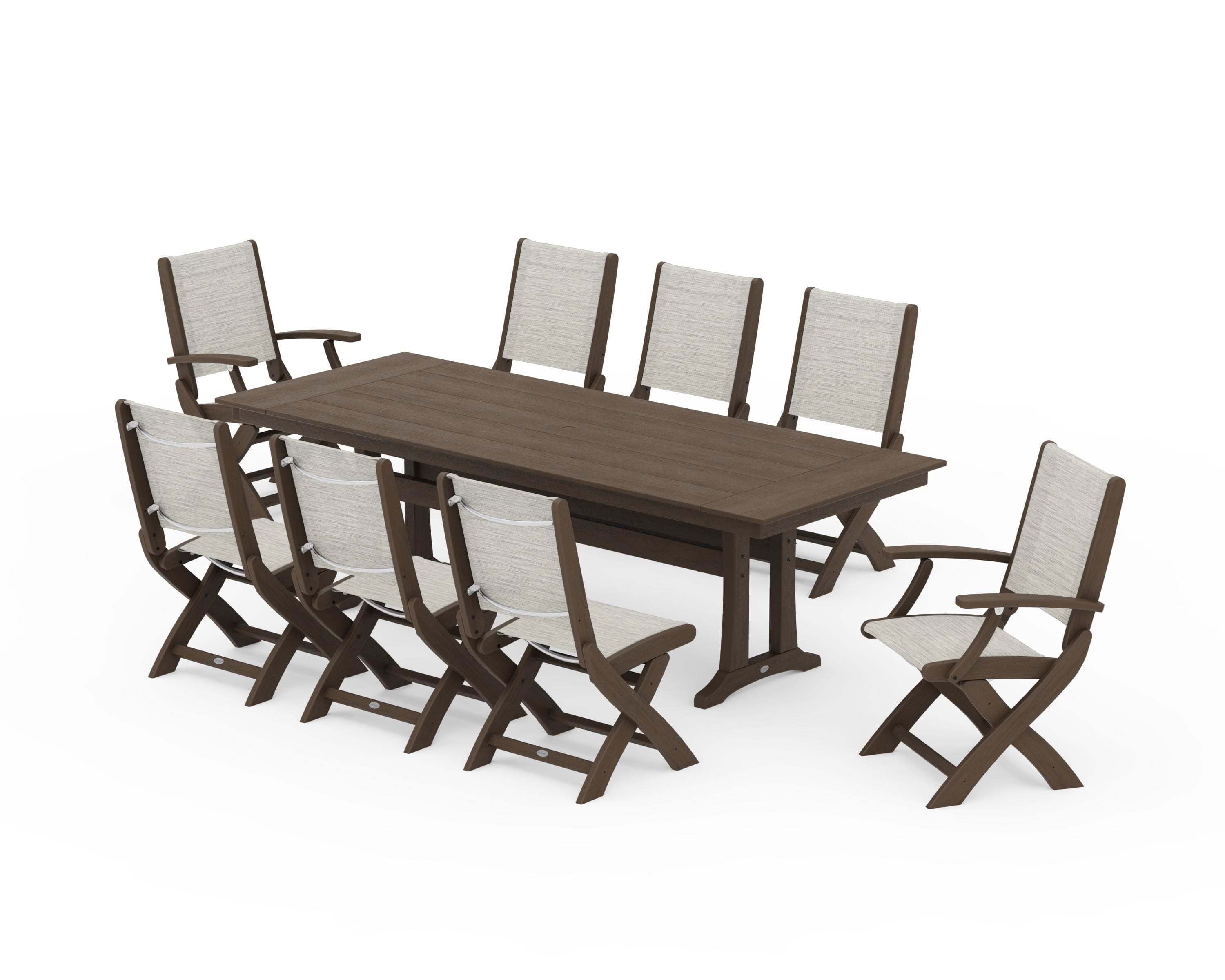 POLYWOOD Coastal 9-Piece Folding Dining Chair Farmhouse Dining Set with Trestle Legs in Kona / Birch Sling