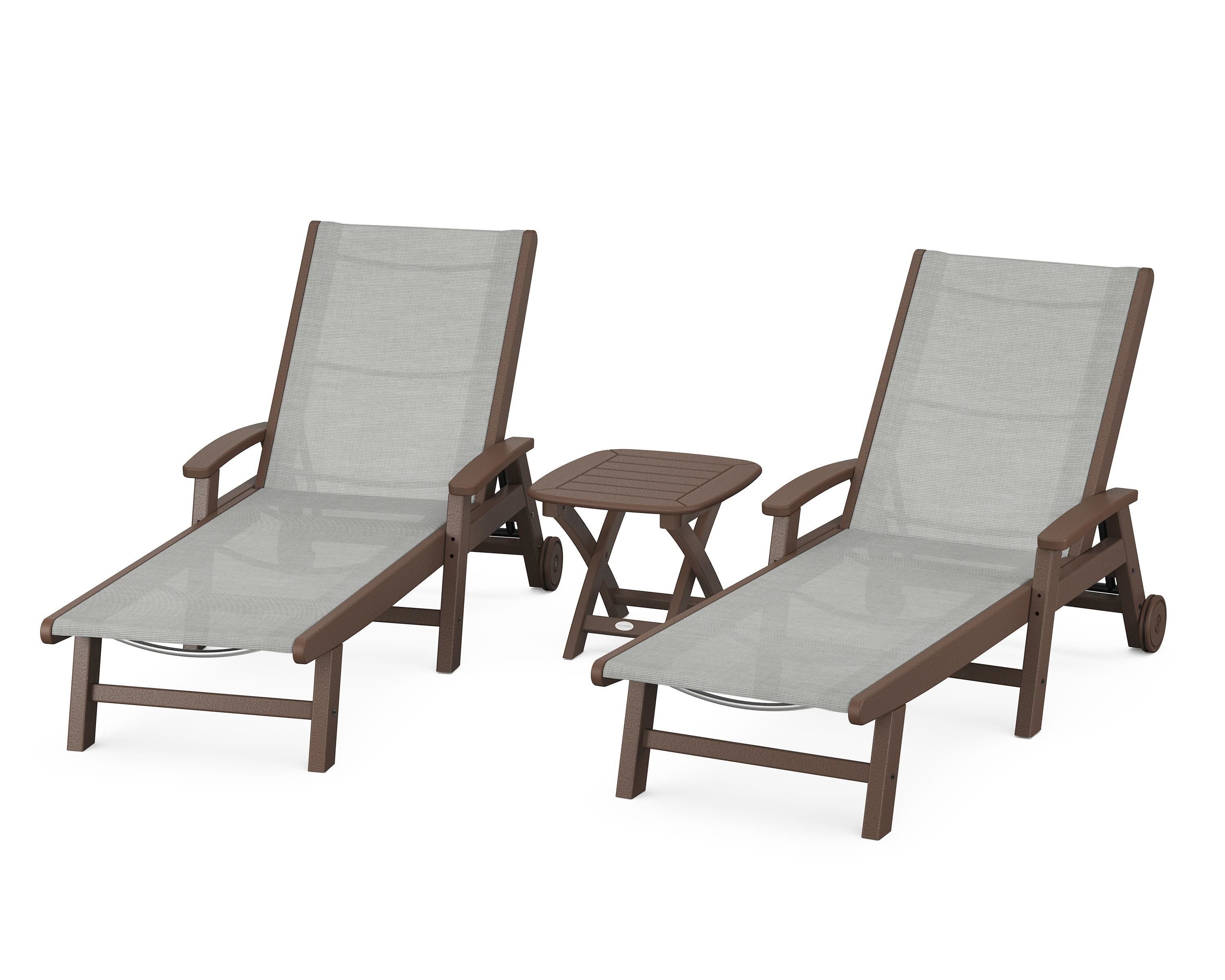 POLYWOOD Coastal 3-Piece Wheeled Chaise Set in Mahogany / Metallic Sling