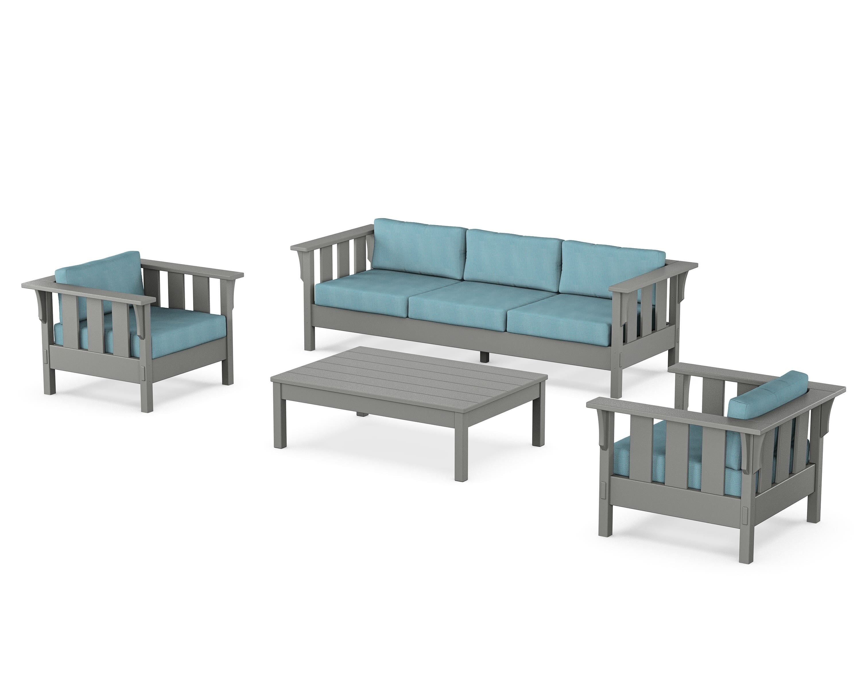 Martha Stewart by POLYWOOD Acadia 4-Piece Deep Seating Set with Sofa in Slate Grey / Lattice Sky Blue