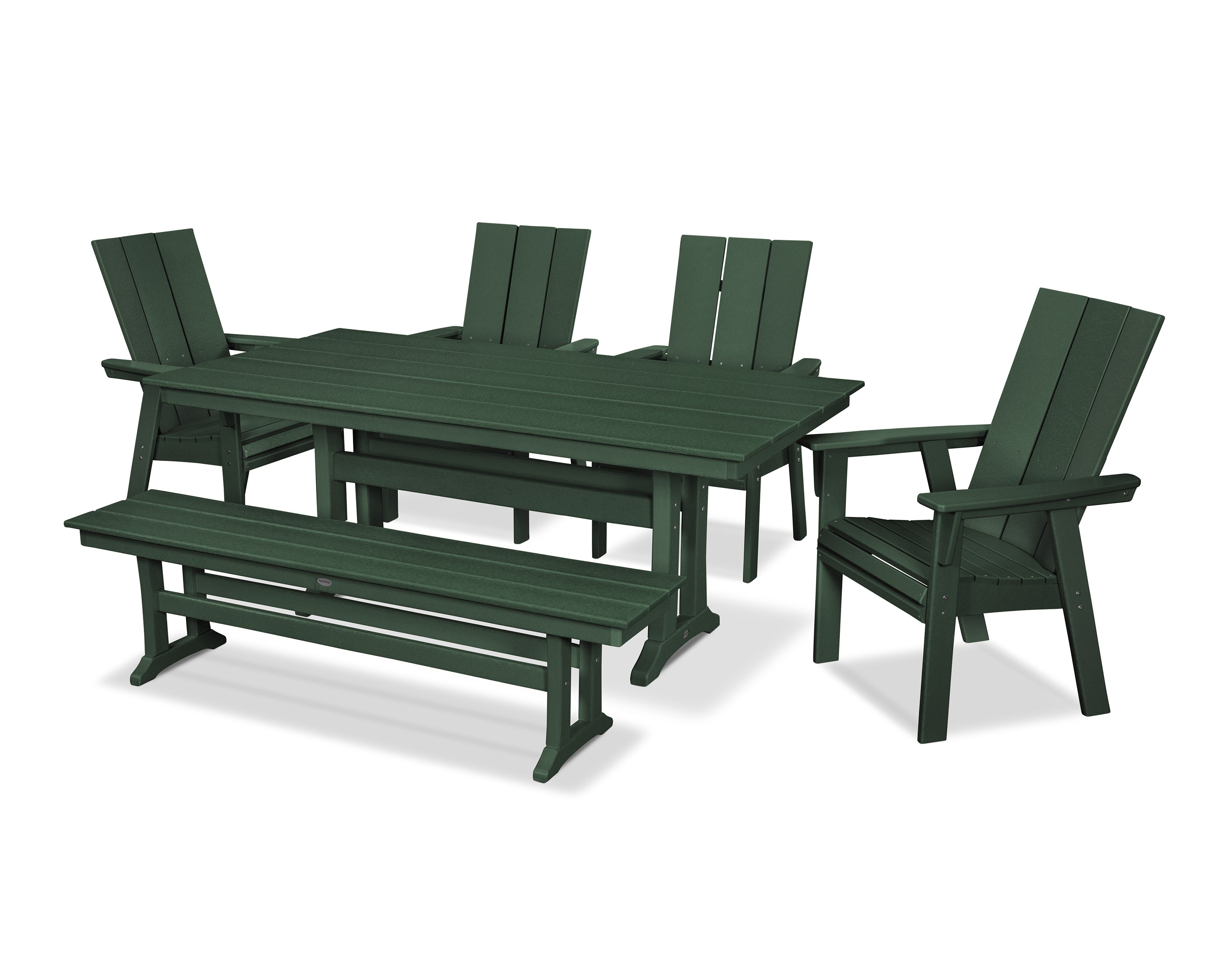 POLYWOOD® Modern Curveback Adirondack 6-Piece Farmhouse Dining Set with Trestle Legs and Bench in Green