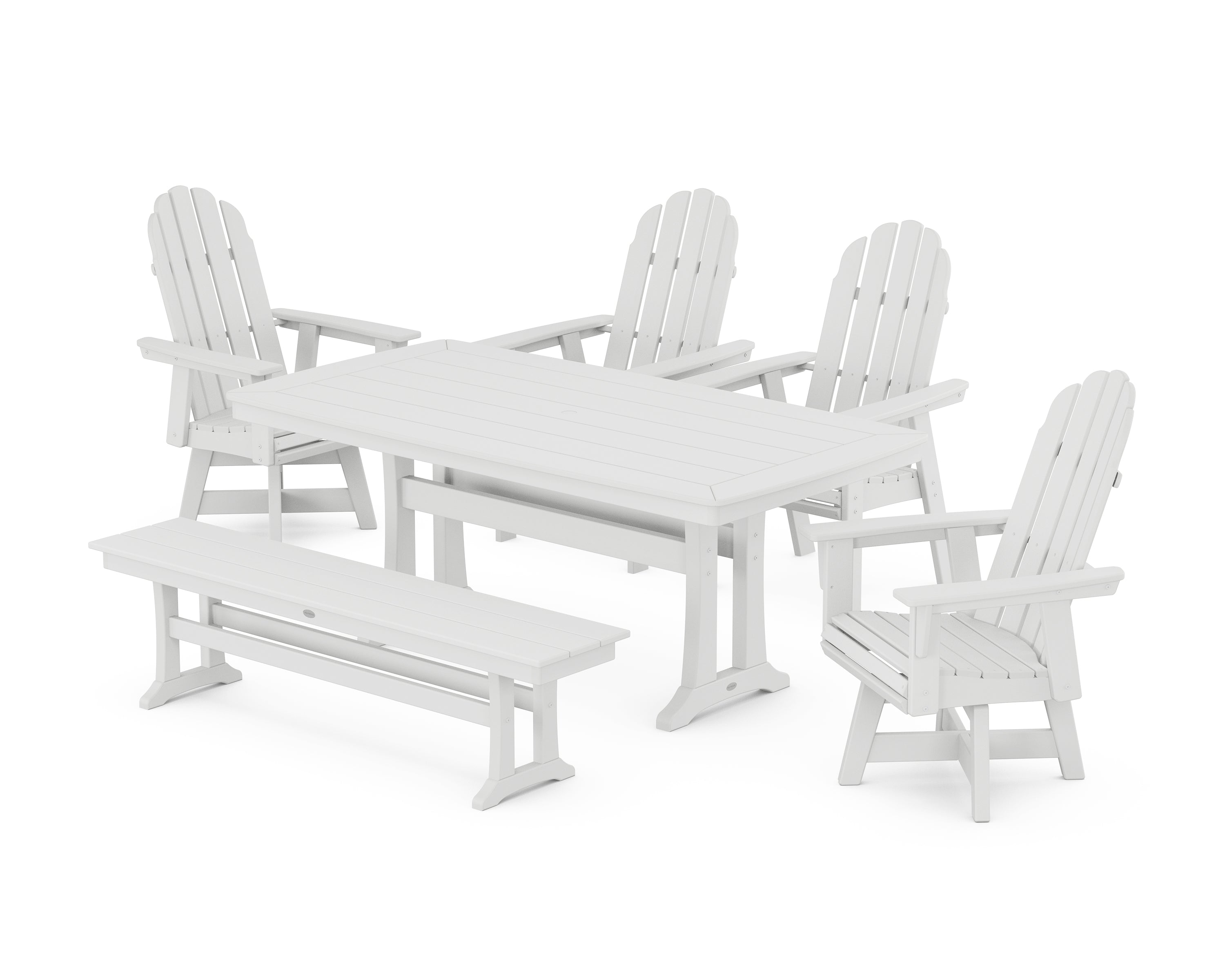 POLYWOOD Vineyard Curveback Adirondack Swivel Chair 6-Piece Dining Set with Trestle Legs and Bench in White