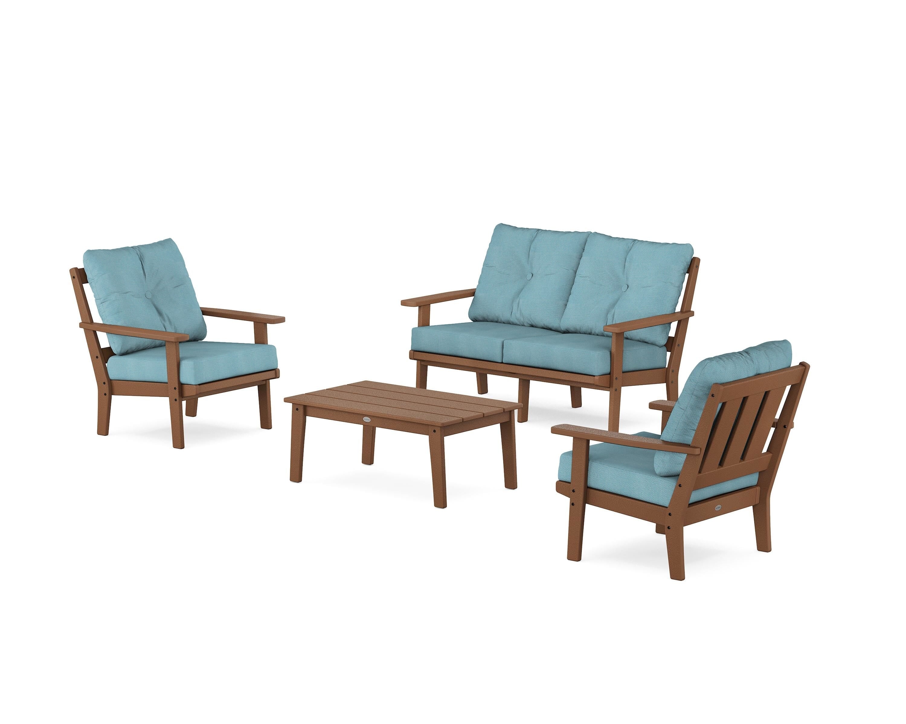 POLYWOOD Oxford 4-Piece Deep Seating Set with Loveseat in Teak / Lattice Sky Blue