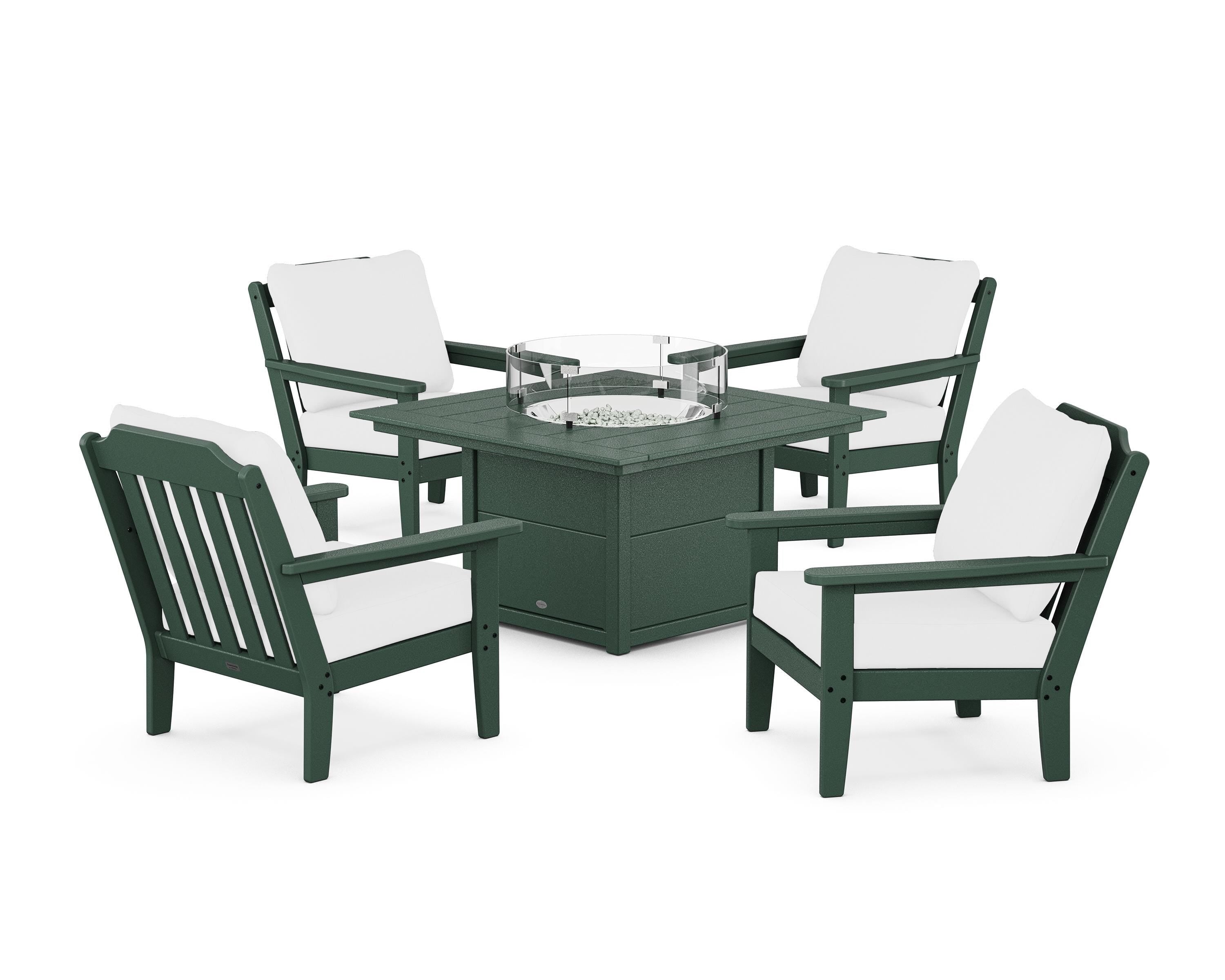 Country Living Cottage 5-Piece Deep Seating Set with Fire Pit Table in Green / Natural