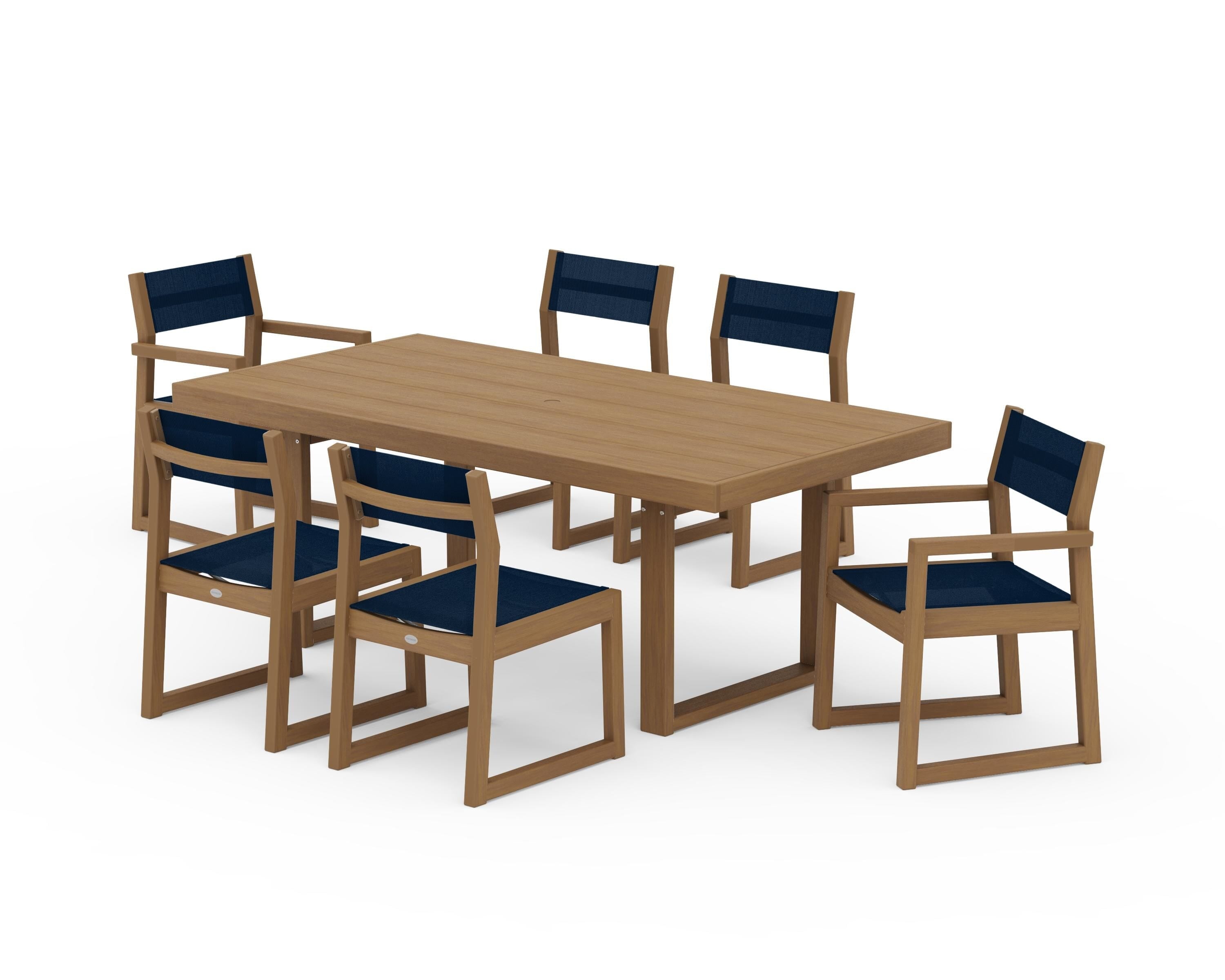 POLYWOOD EDGE Sling 7-Piece Dining Set in Natural / Navy Blue Sling