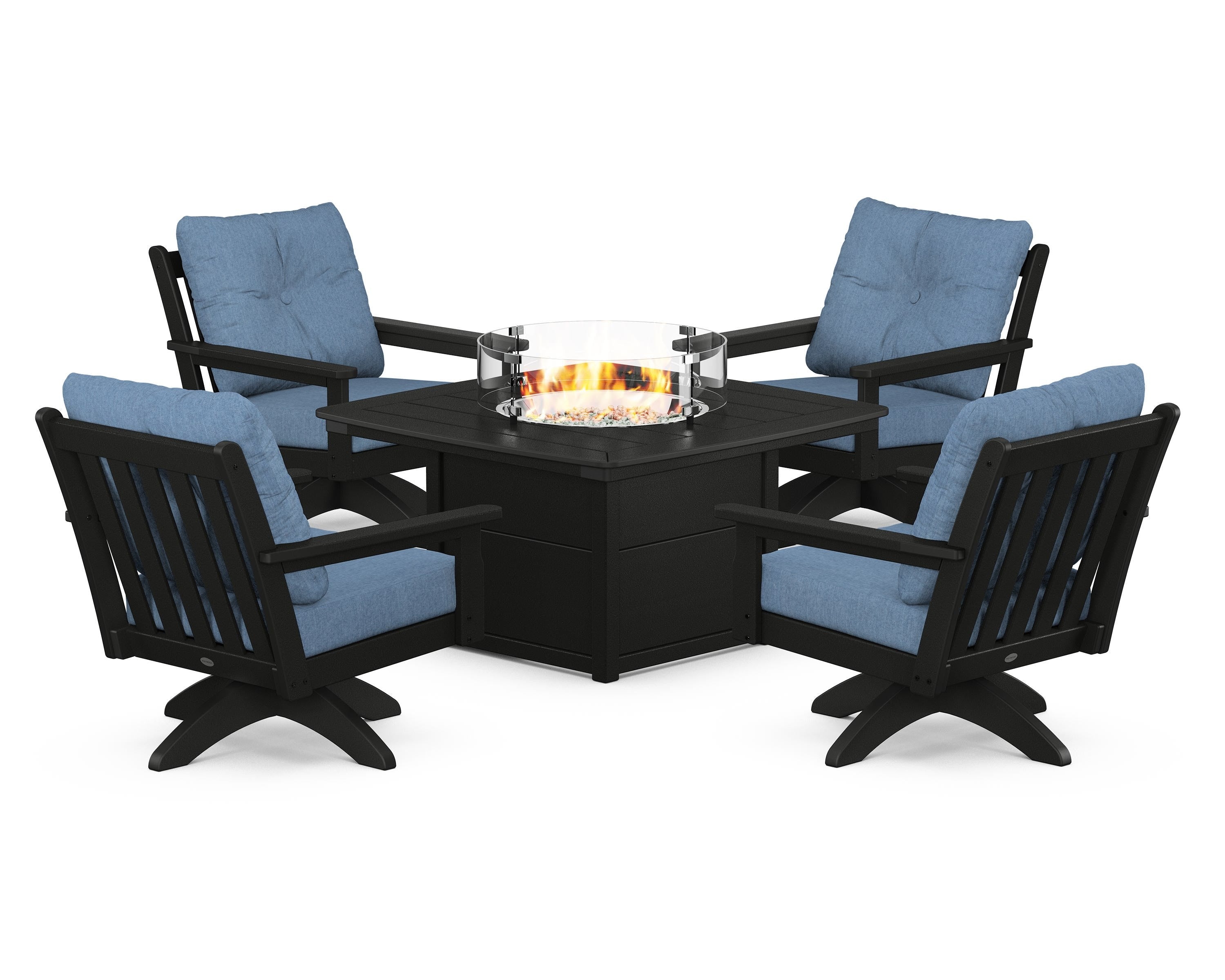 POLYWOOD Vineyard 5-Piece Deep Seating Swivel Conversation Set with Fire Pit Table in Black / Sky Blue