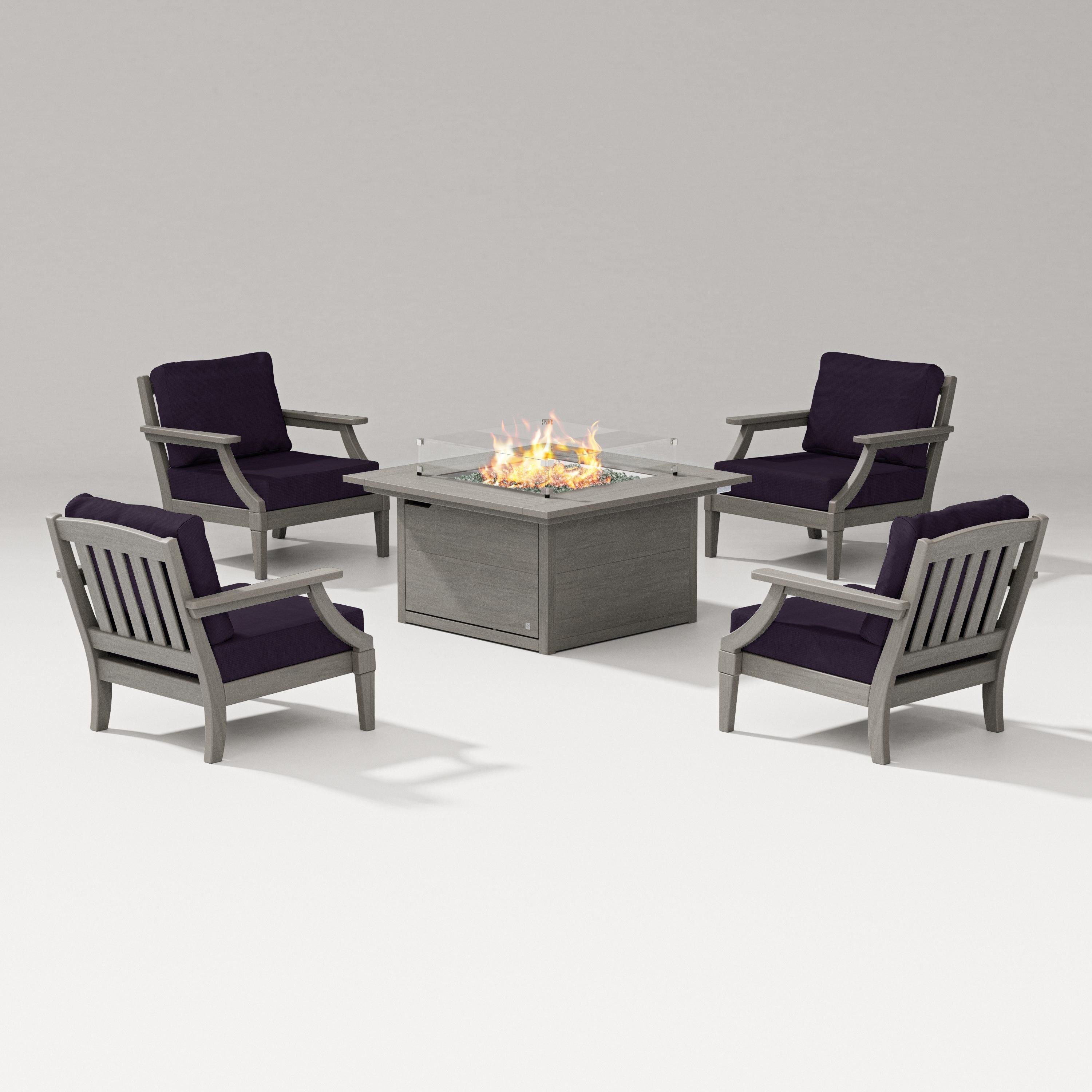 PW Designer Series Estate 5-Piece Lounge Fire Table Set in Driftwood / Navy Linen