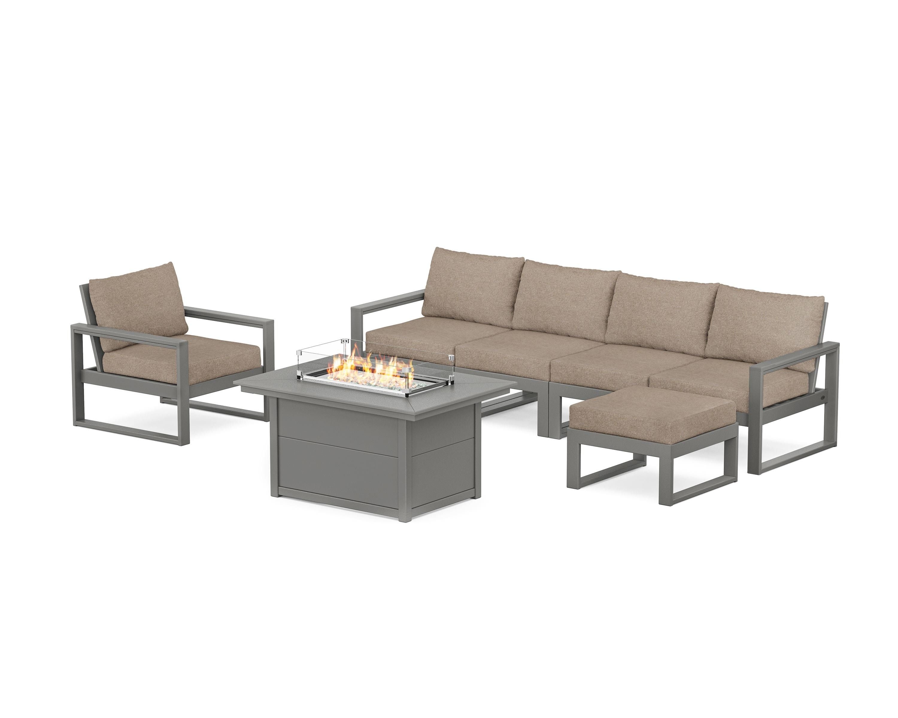 POLYWOOD EDGE Sectional Lounge and Fire Pit Set in Slate Grey / Spiced Burlap