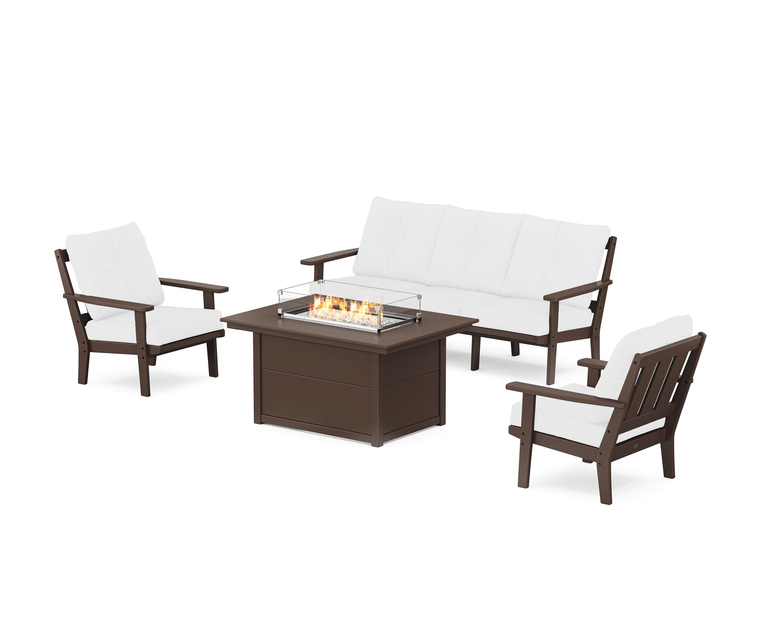 POLYWOOD Oxford Deep Seating Fire Pit Table Set in Mahogany / Natural