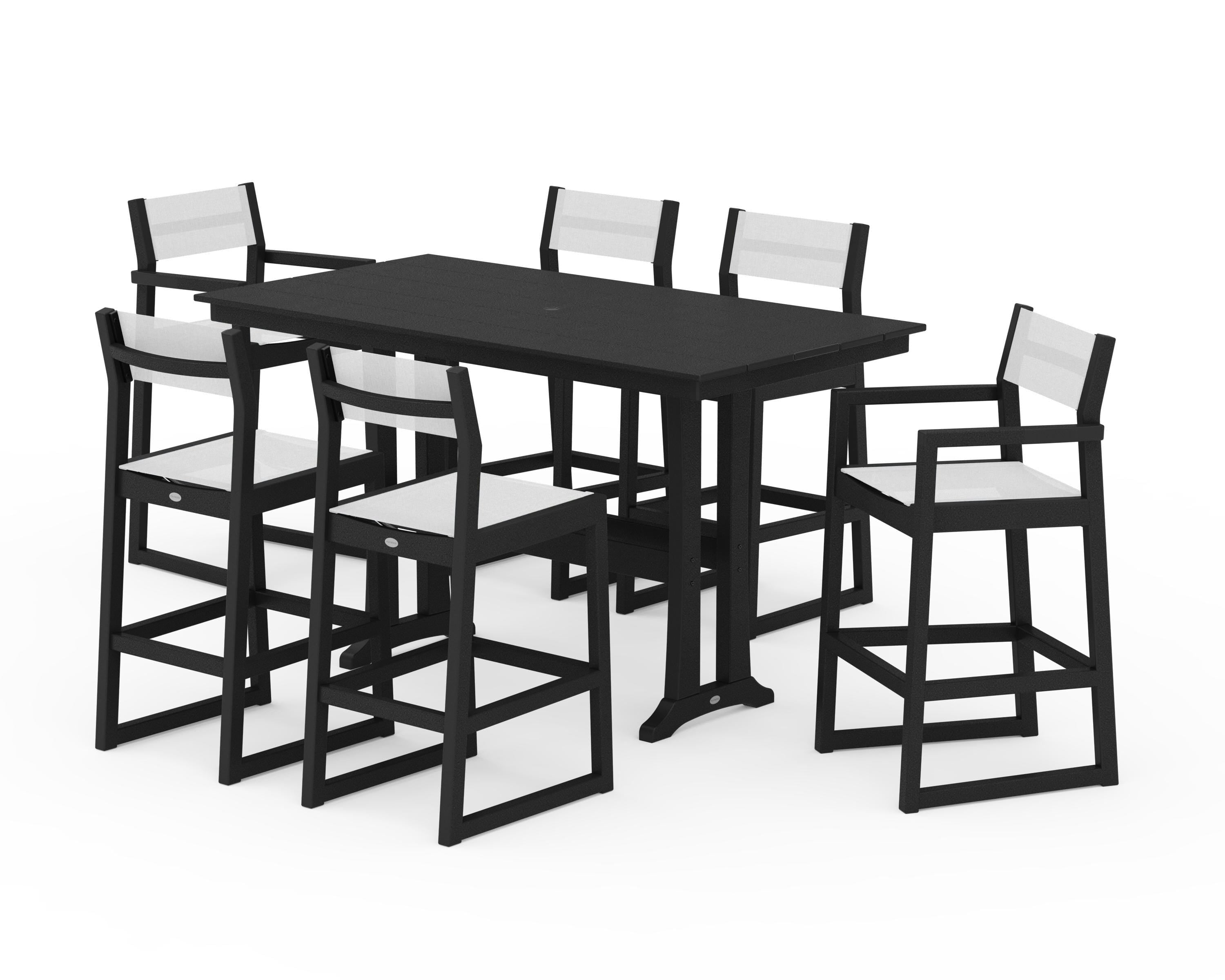 POLYWOOD EDGE Sling 7-Piece Farmhouse Bar Set with Trestle Legs in Black / White Sling
