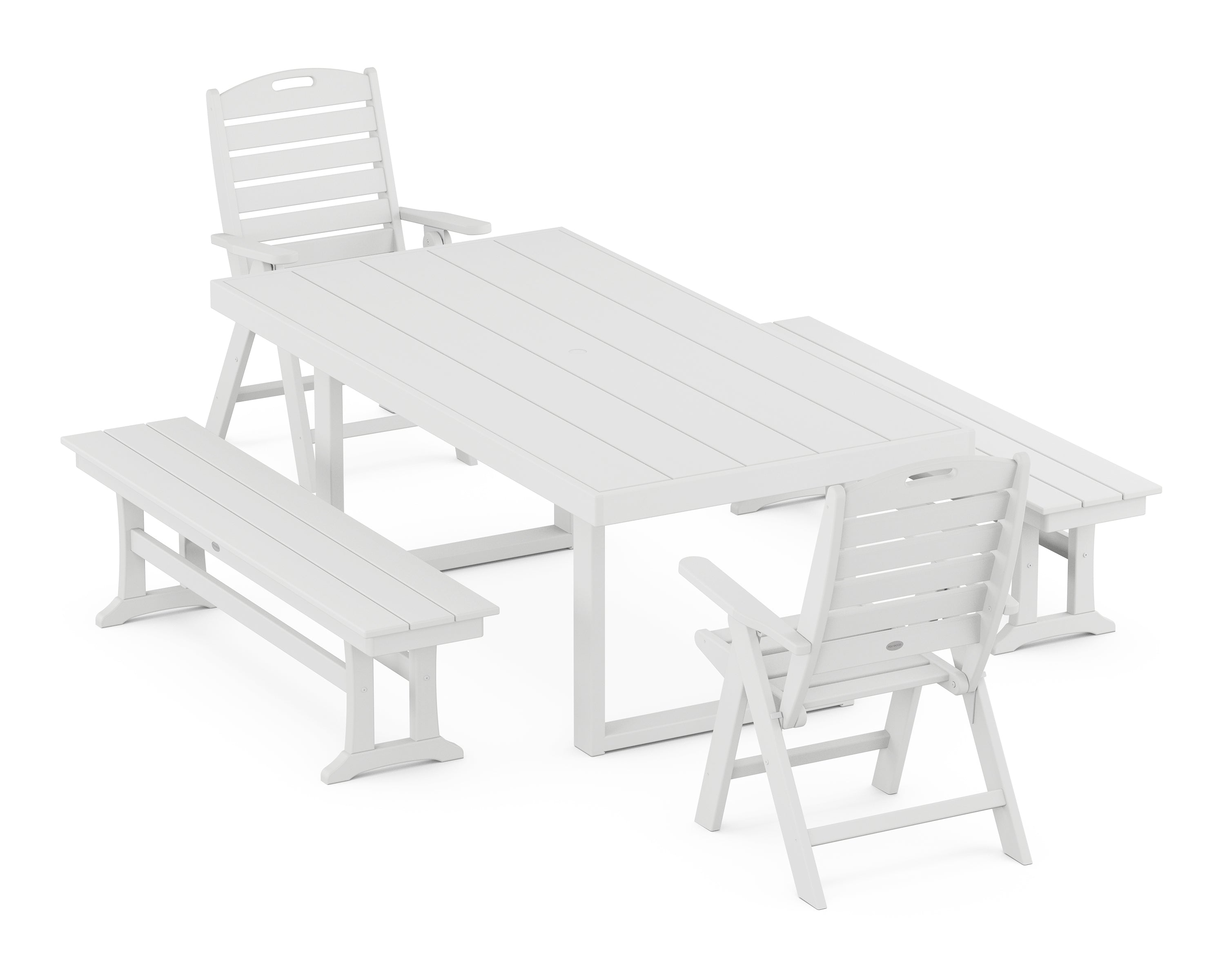 POLYWOOD Nautical Folding Highback 5-Piece Dining Set with Trestle Legs in White