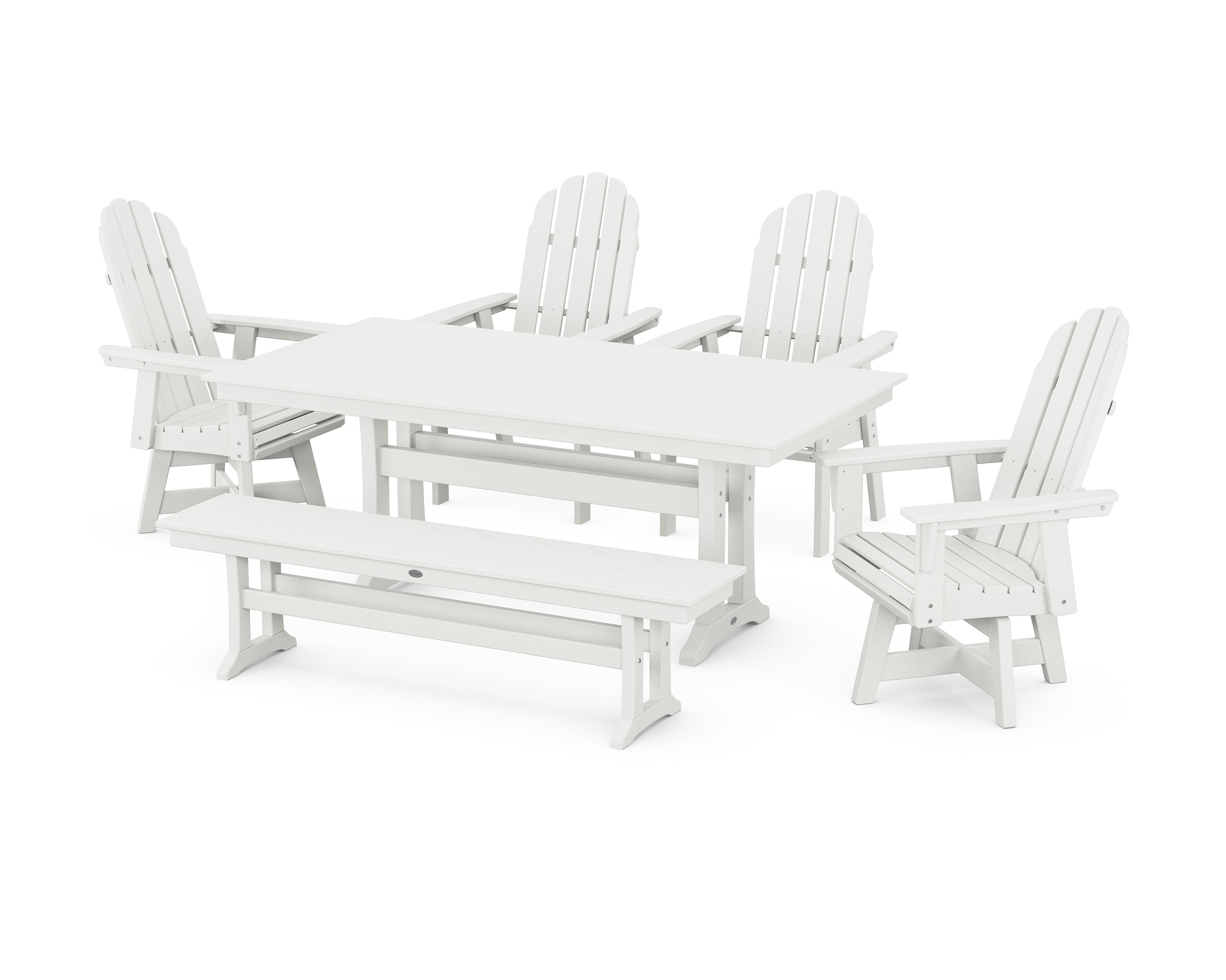 POLYWOOD® Vineyard Curveback Adirondack 6-Piece Swivel Chair Farmhouse Dining Set with Trestle Legs and Bench in Vintage White
