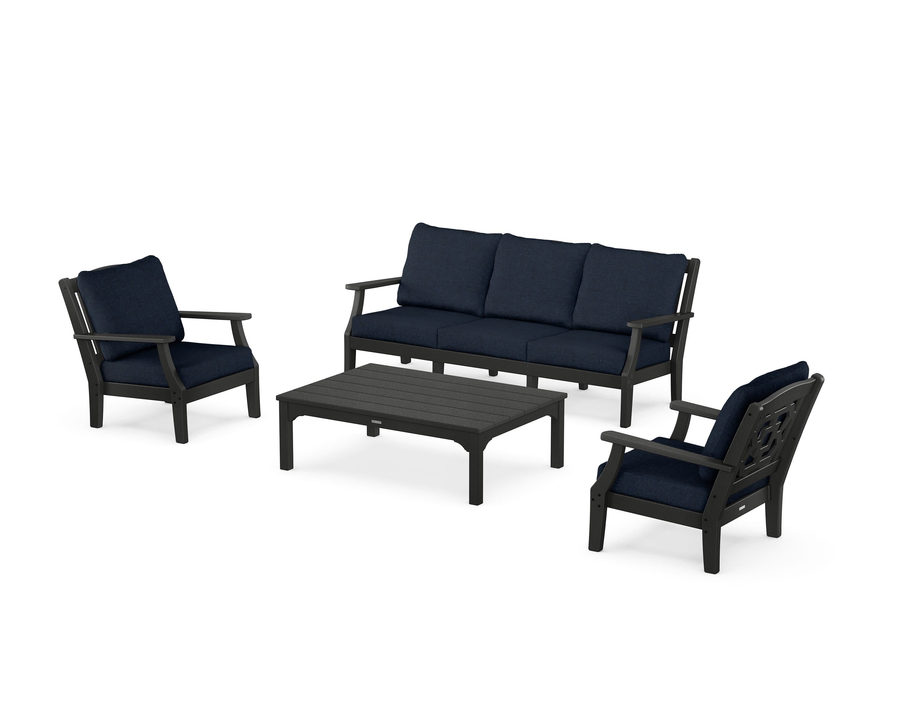 Martha Stewart by POLYWOOD Chinoiserie 4-Piece Deep Seating Set with Sofa in Black / Marine Indigo