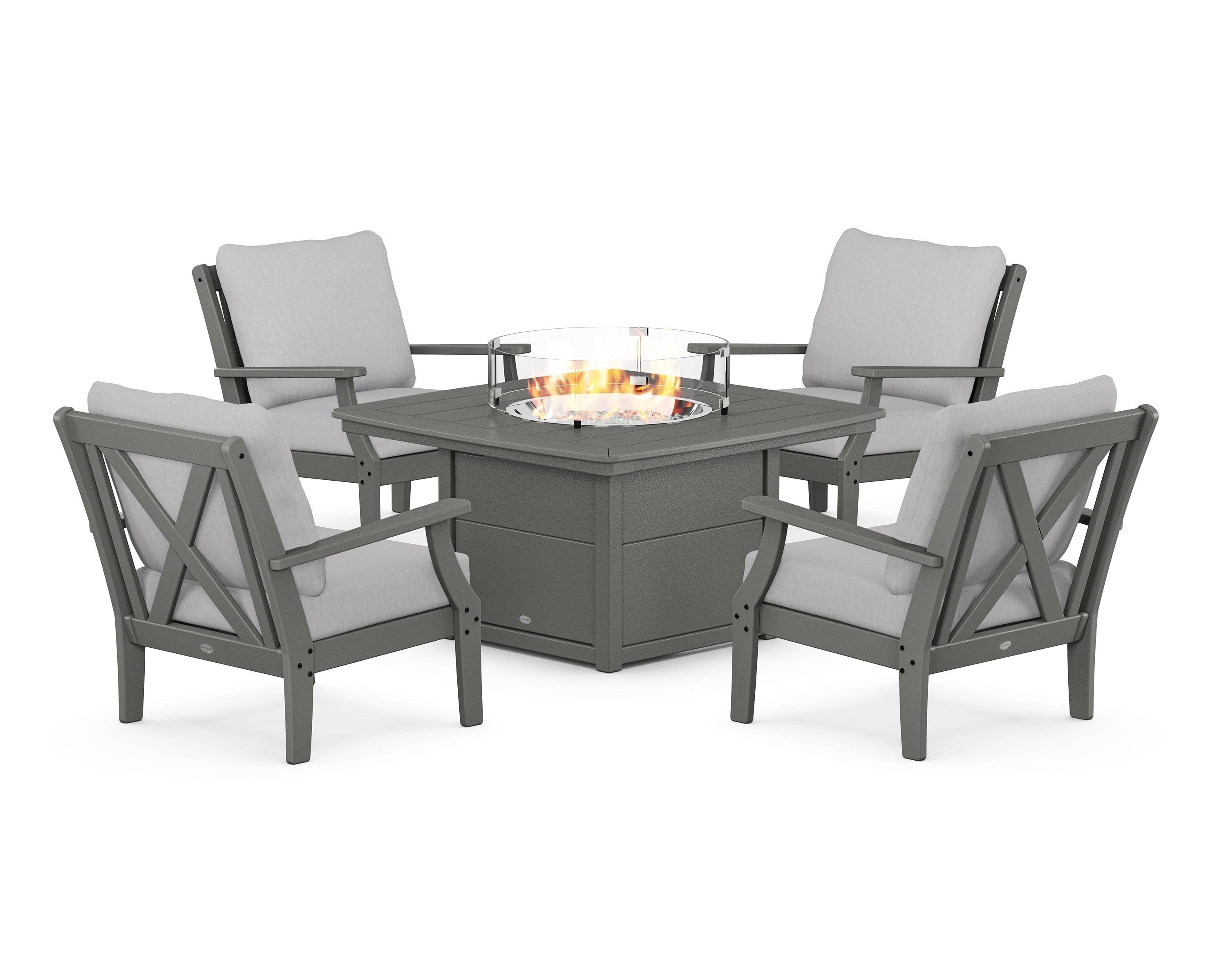 POLYWOOD Braxton 5-Piece Deep Seating Conversation Set with Fire Pit Table in Slate Grey / Granite